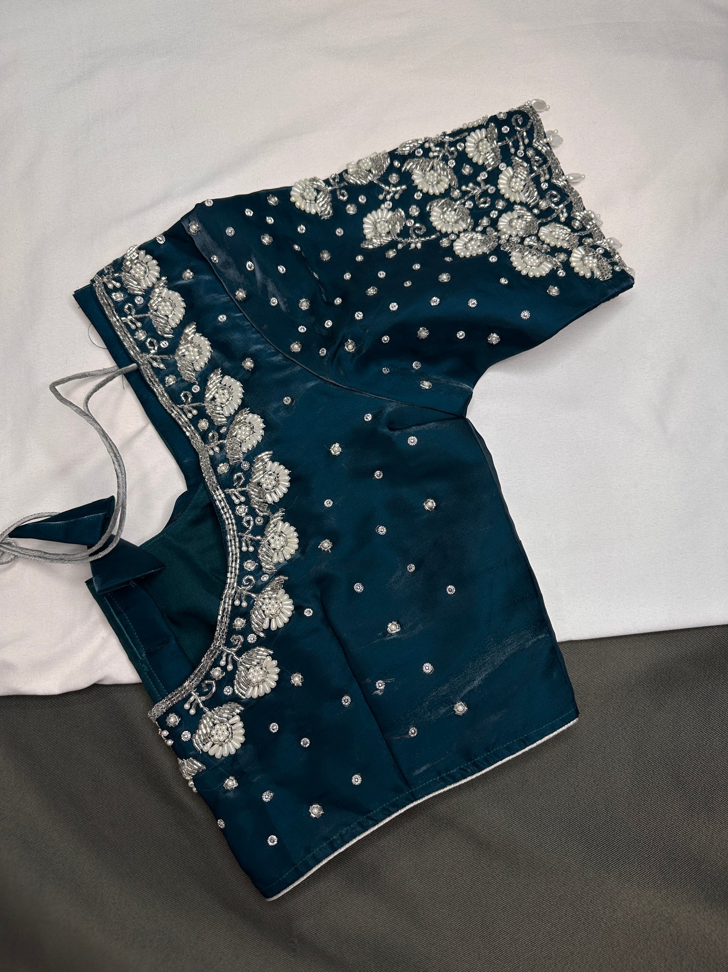 Crepe Teal Silver Pearl Work Blouse - 