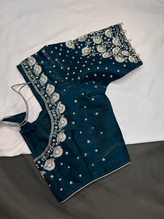 Crepe Teal Silver Pearl Work Blouse - 