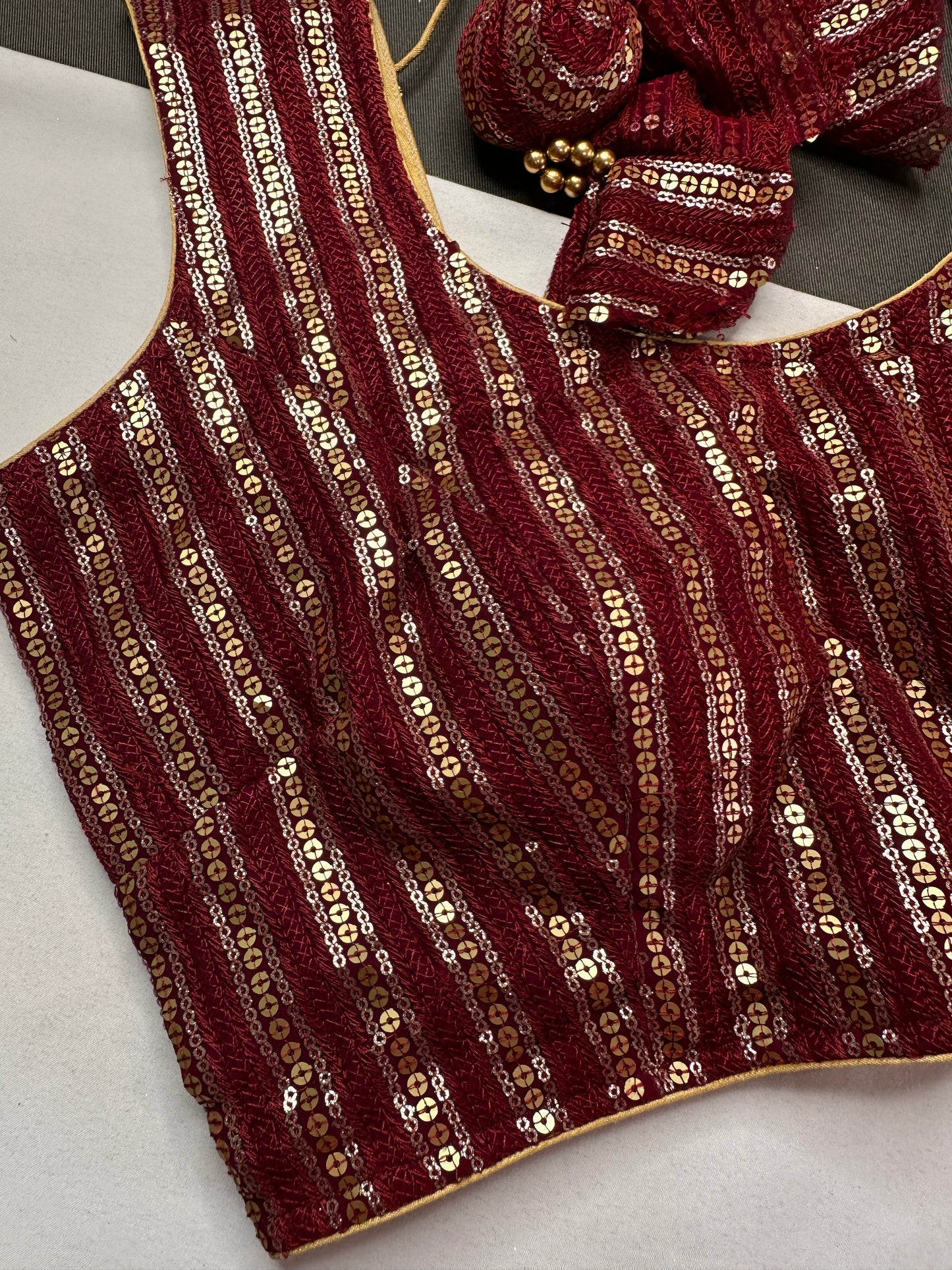 Sleevless Sequins Work Maroon Red Blouse - 