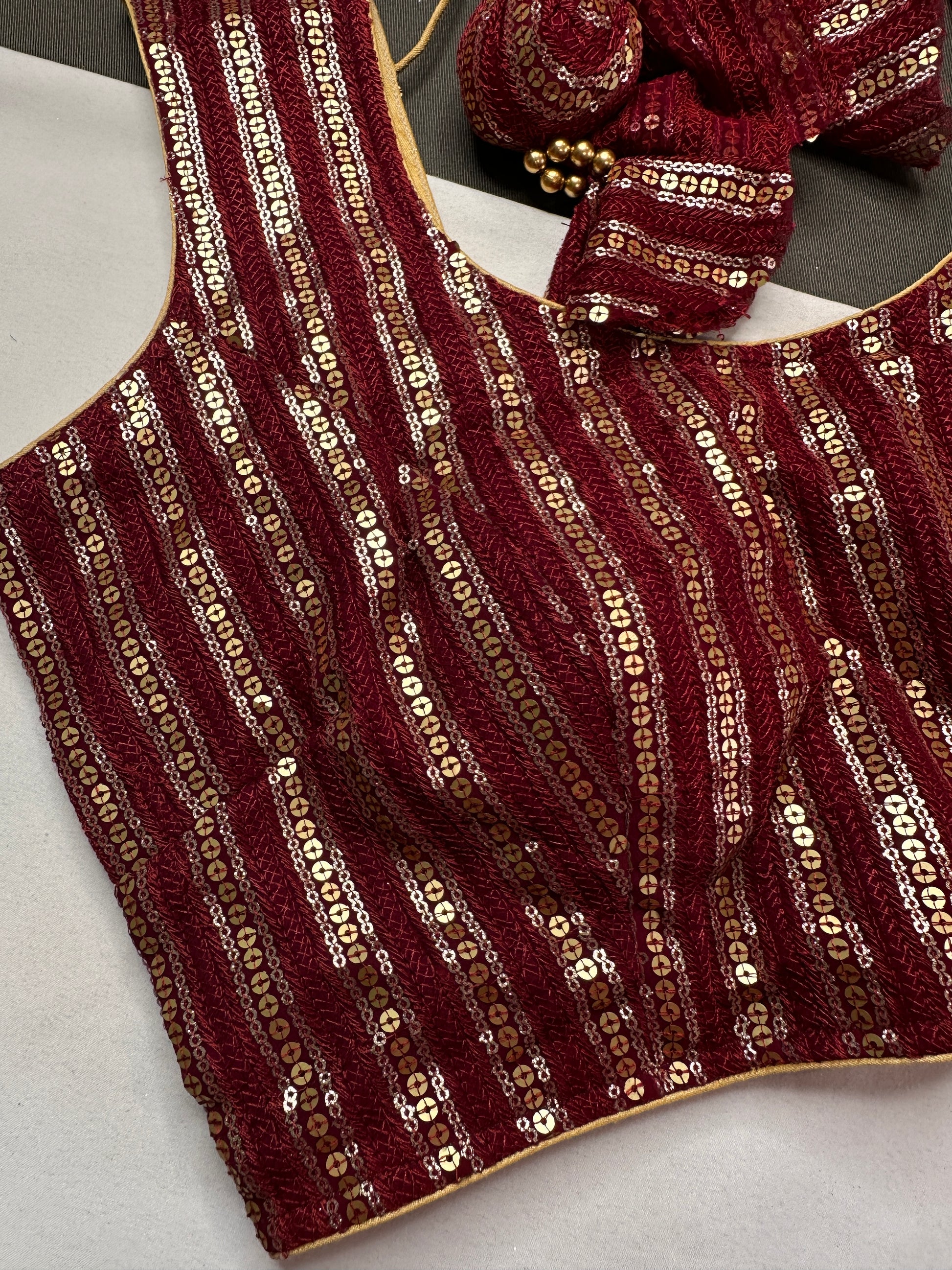 Sleevless Sequins Work Maroon Red Blouse - 
