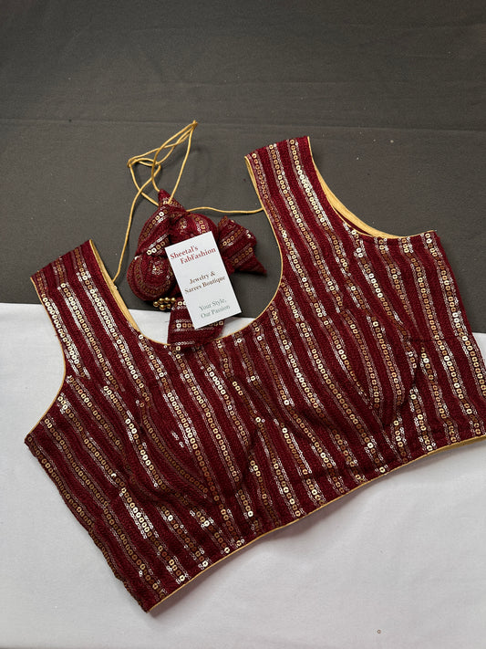 Sleevless Sequins Work Maroon Red Blouse - 