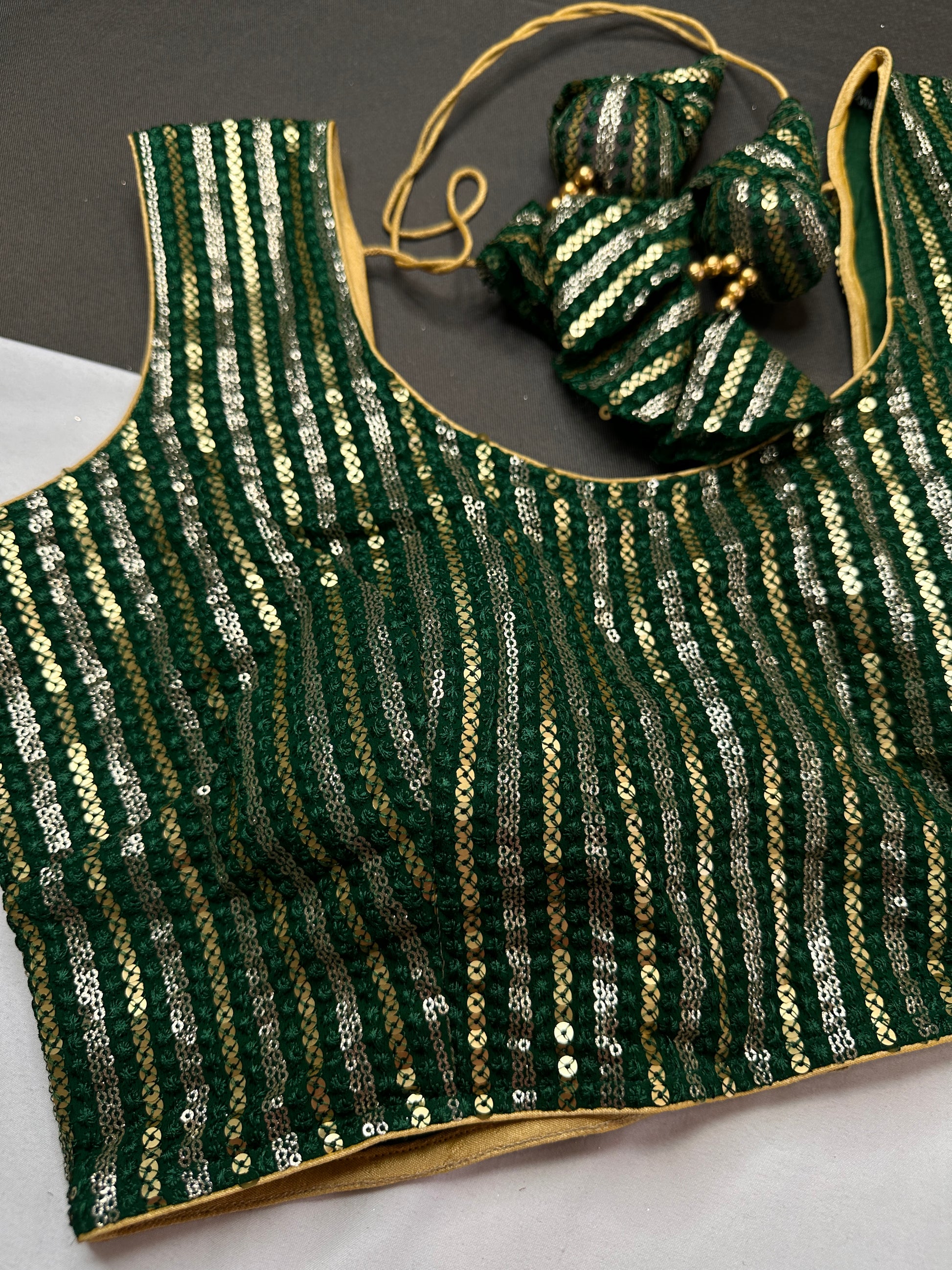 Sleevless Sequins Work Green Blouse - 