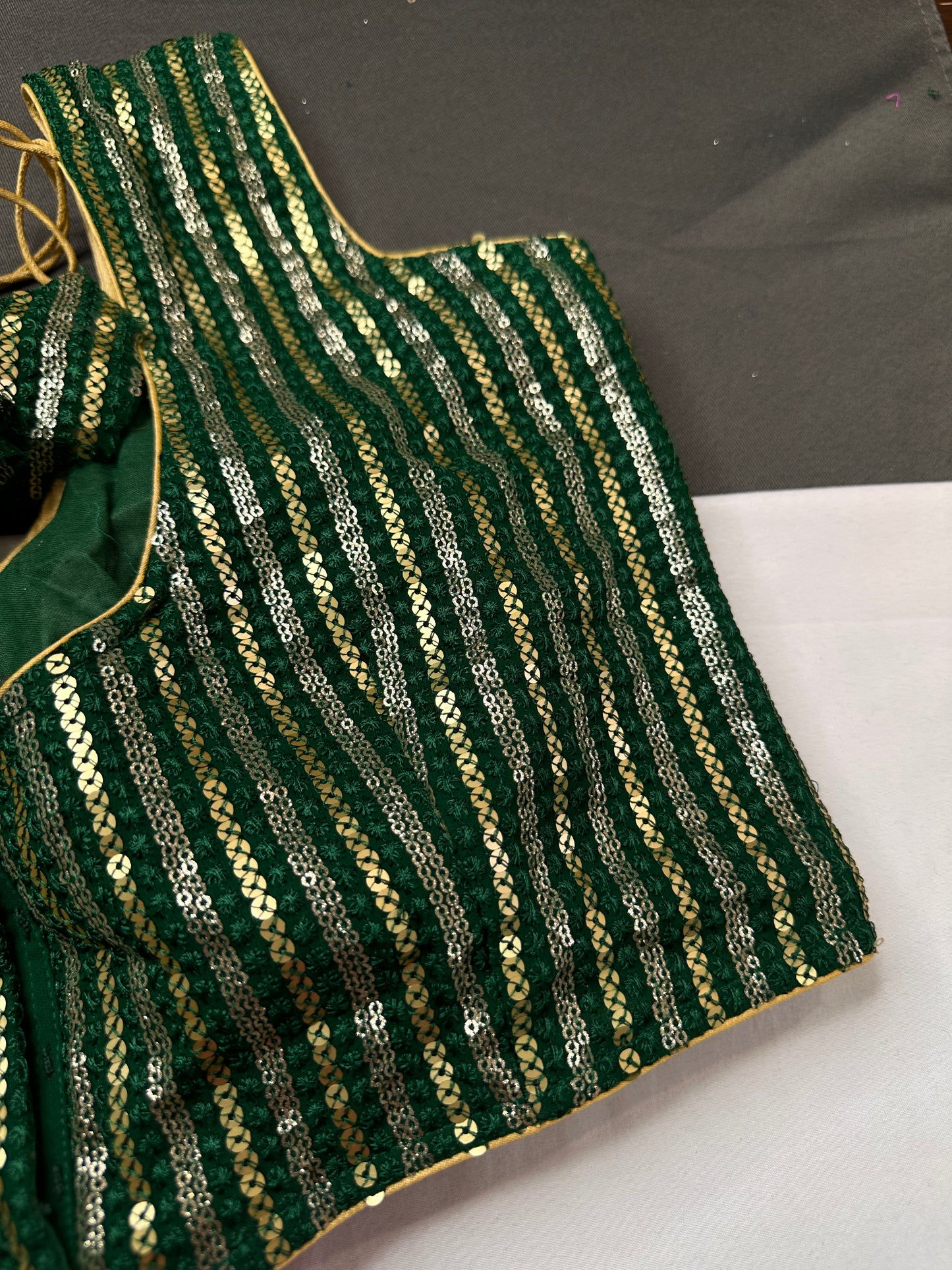 Sleevless Sequins Work Green Blouse - 