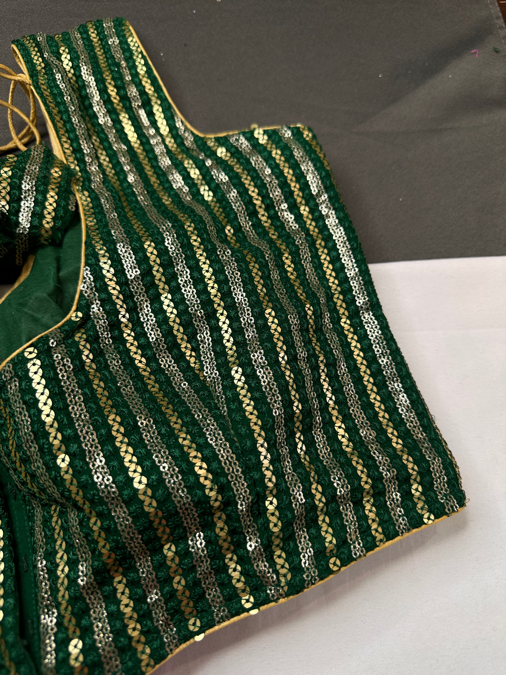 Sleevless Sequins Work Green Blouse - 