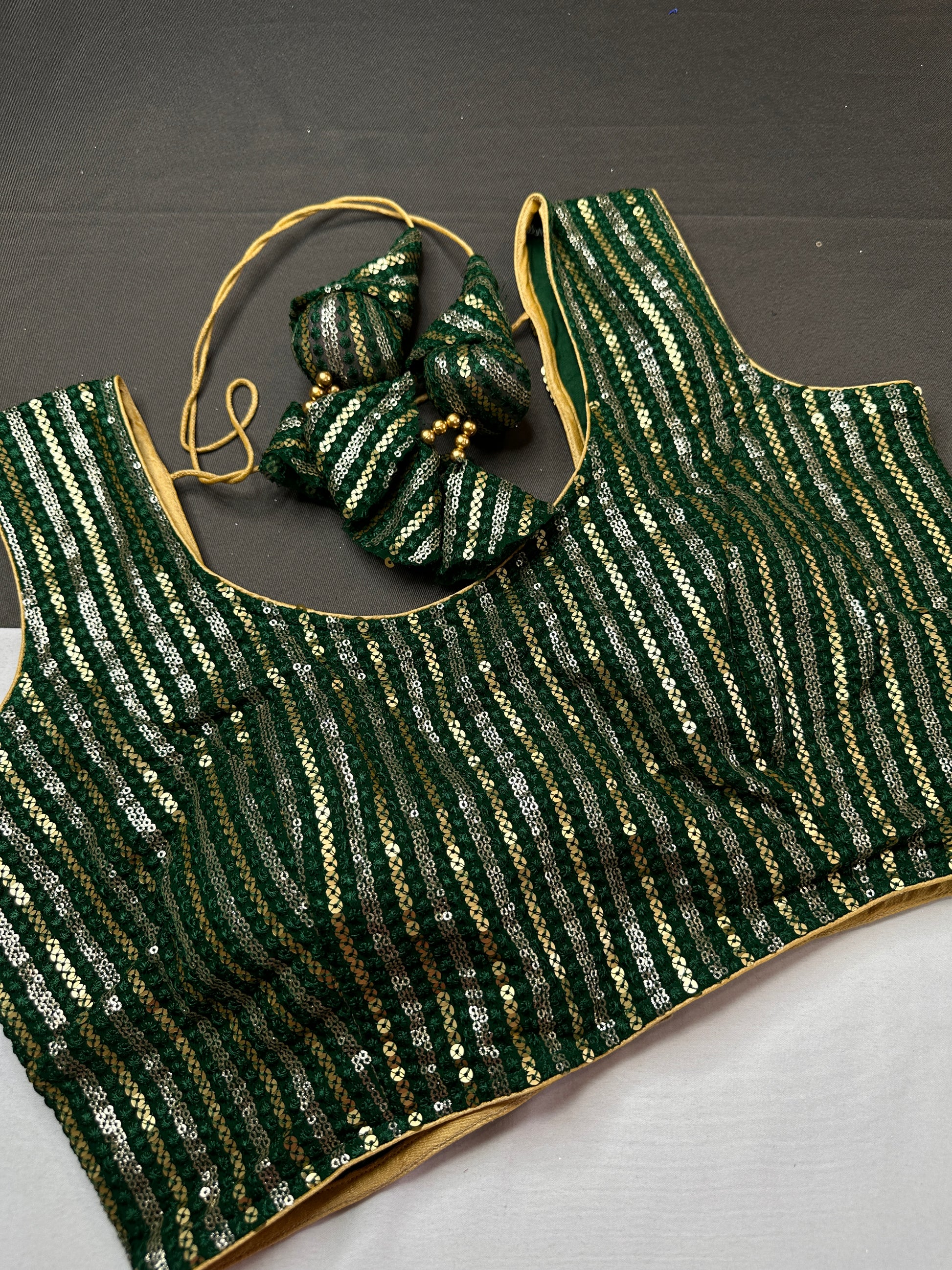 Sleevless Sequins Work Green Blouse - 