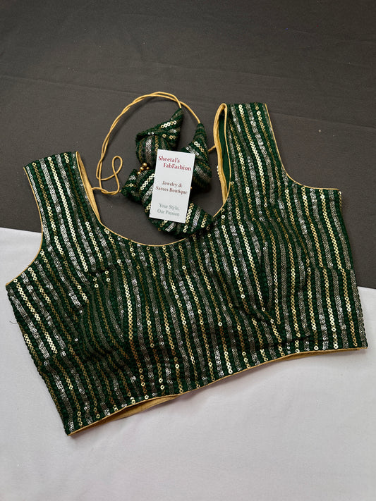Sleevless Sequins Work Green Blouse - 
