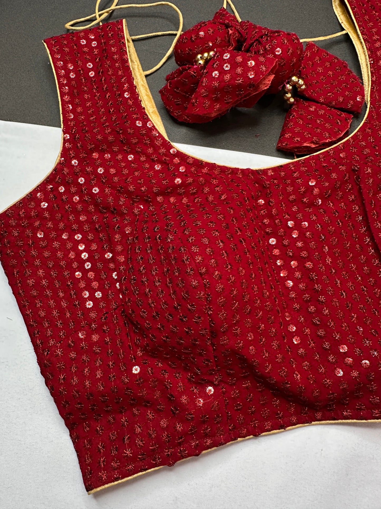 Sleevless Sequins Work Red Blouse - 