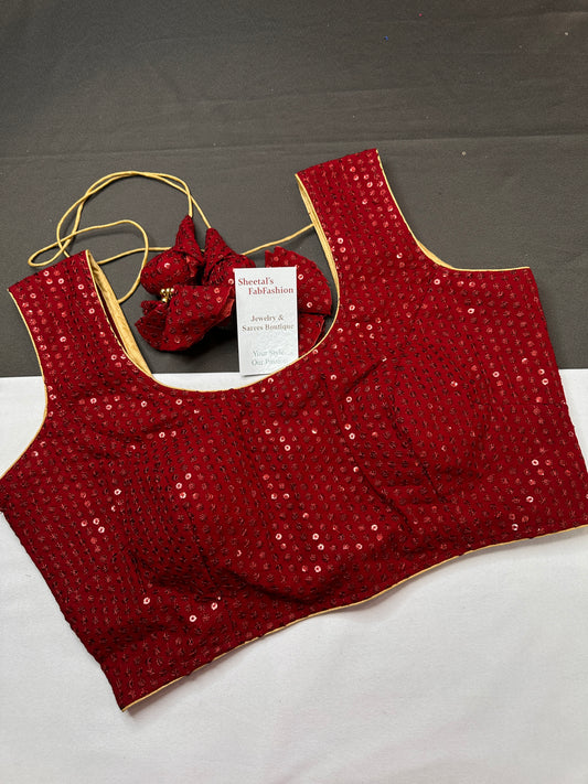 Sleevless Sequins Work Red Blouse - 