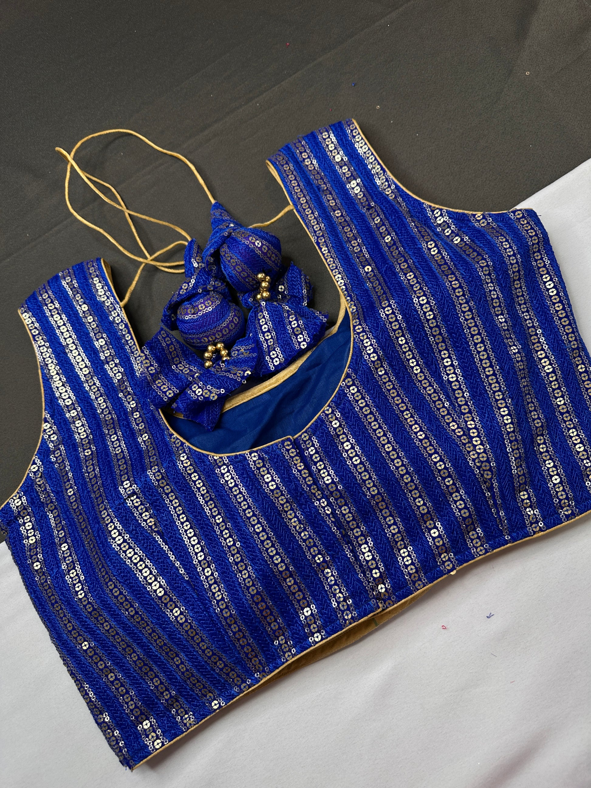 Sleevless Sequins Work Blue Blouse - 