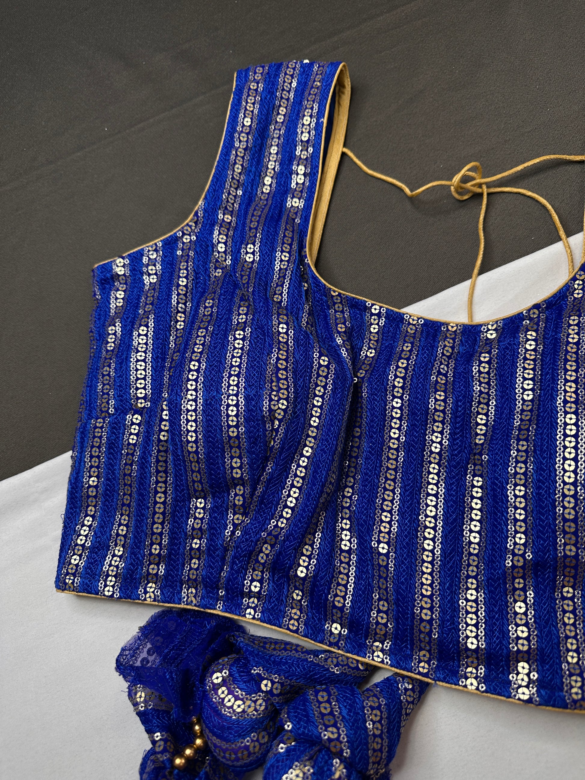Sleevless Sequins Work Blue Blouse - 
