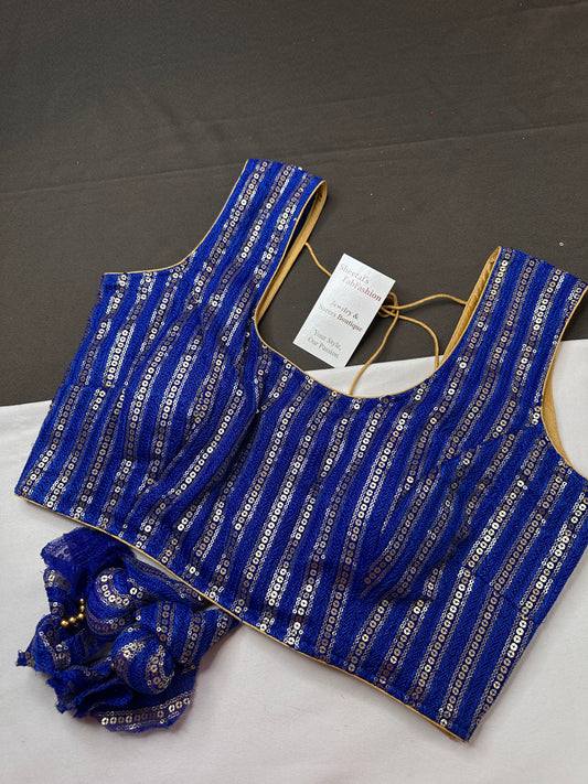 Sleevless Sequins Work Blue Blouse - 
