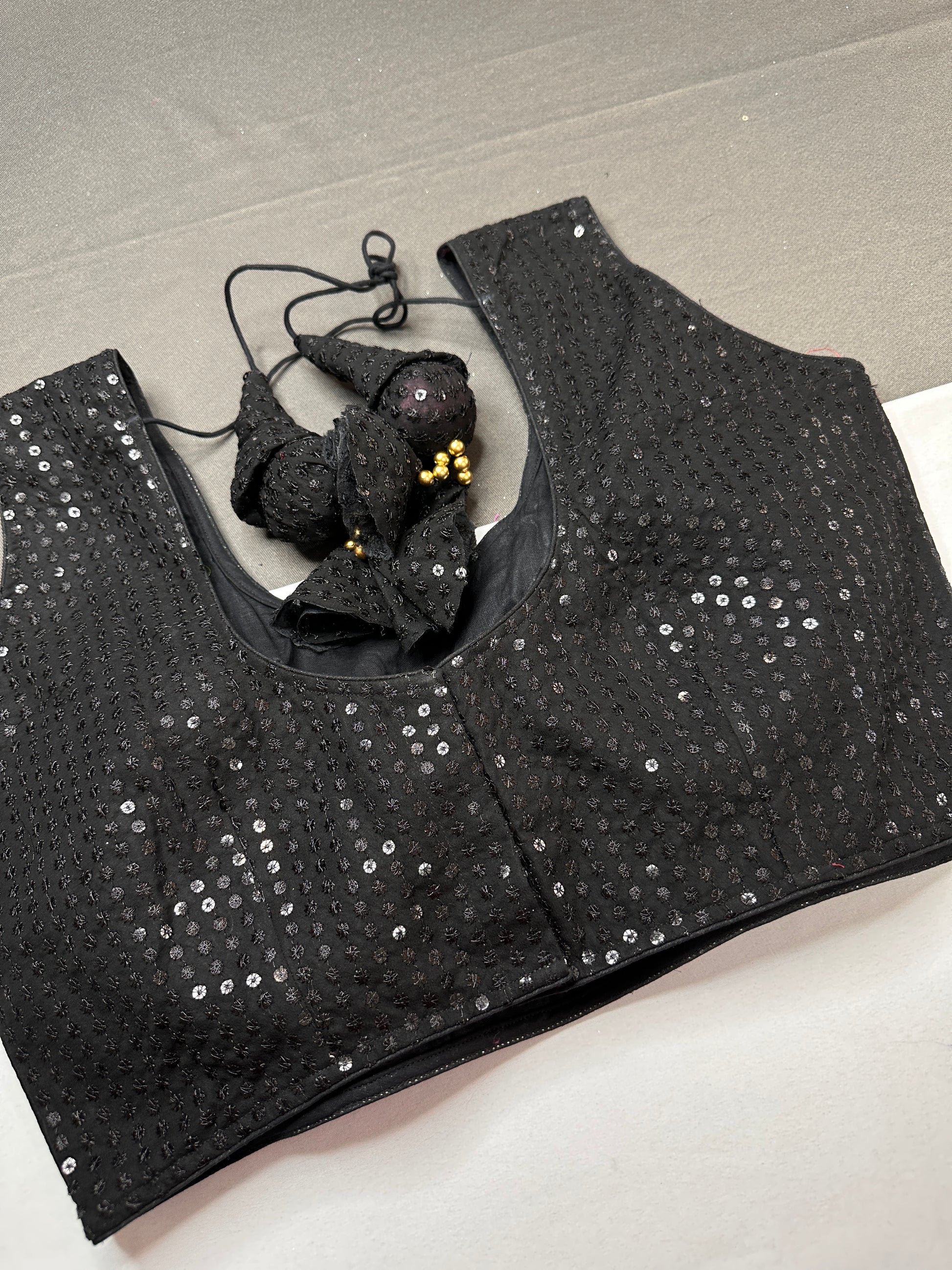 Sleevless Sequins Work Black Blouse - 
