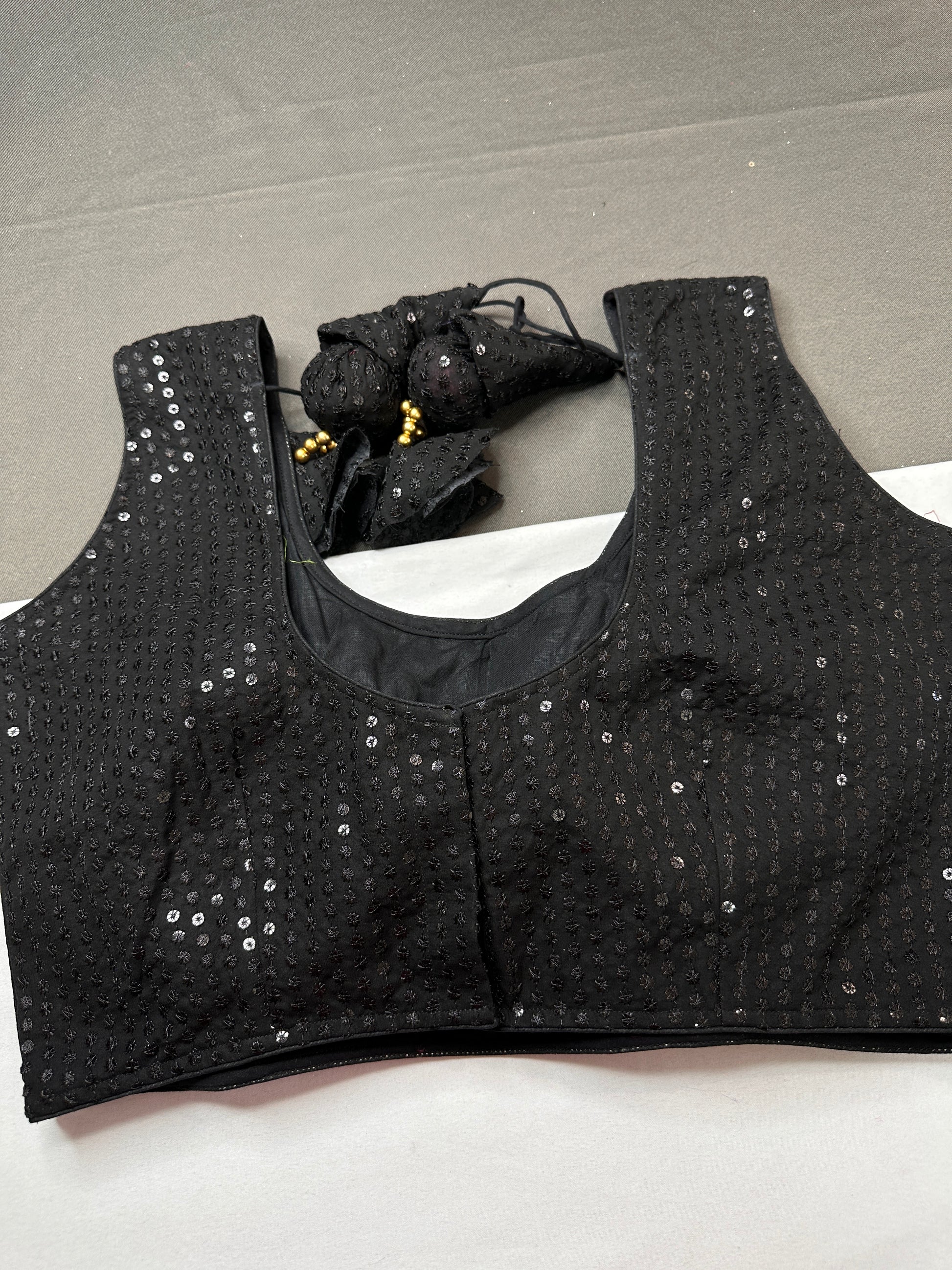 Sleevless Sequins Work Black Blouse - 