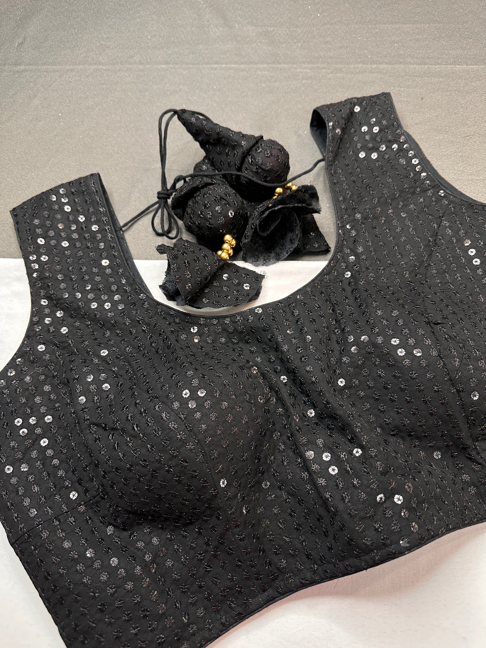 Sleevless Sequins Work Black Blouse - 