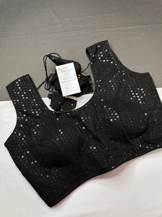 Sleevless Sequins Work Black Blouse - 