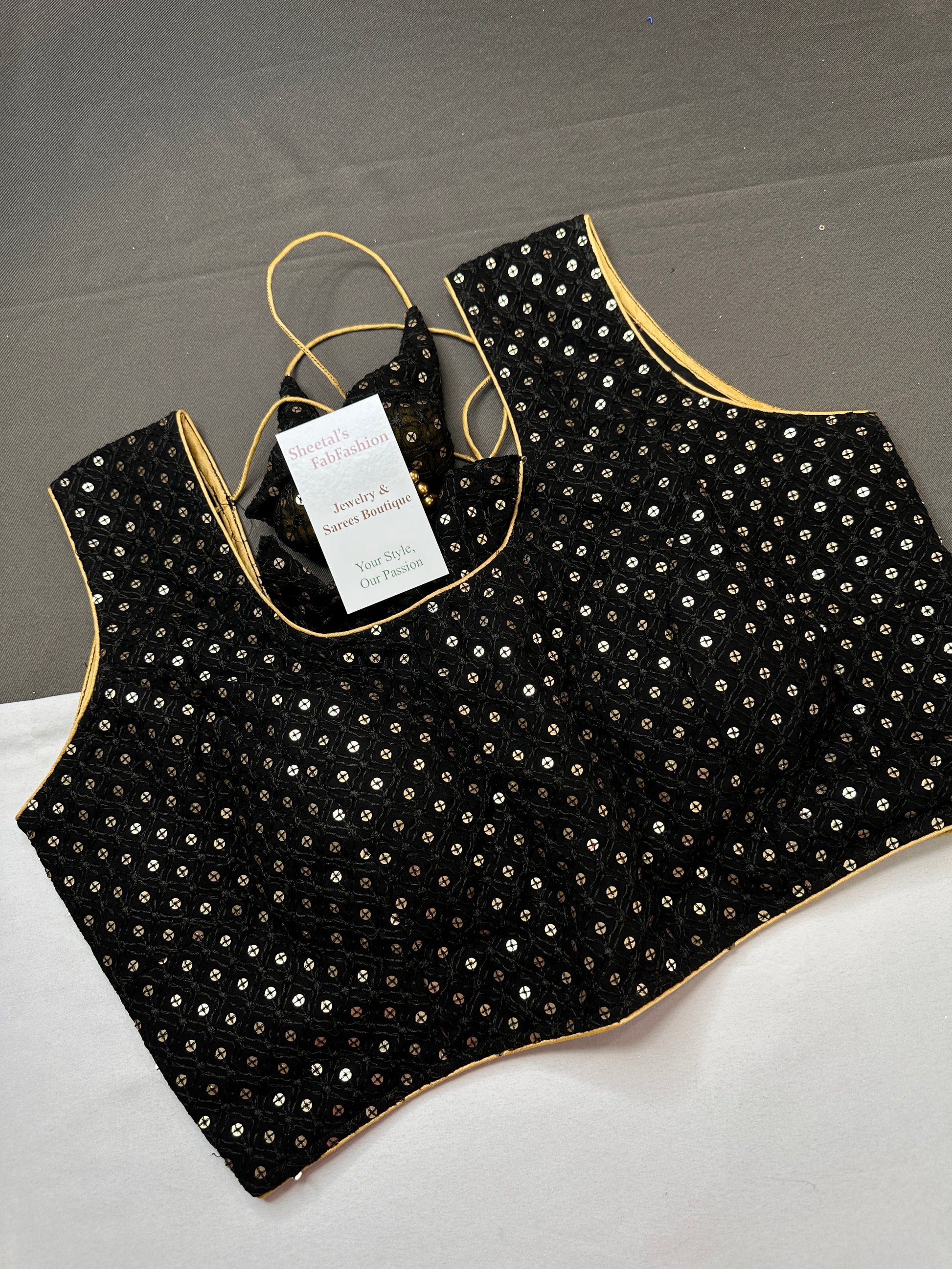 Sleevless Sequins Work Black Blouse - 