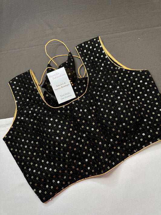 Sleevless Sequins Work Black Blouse - 