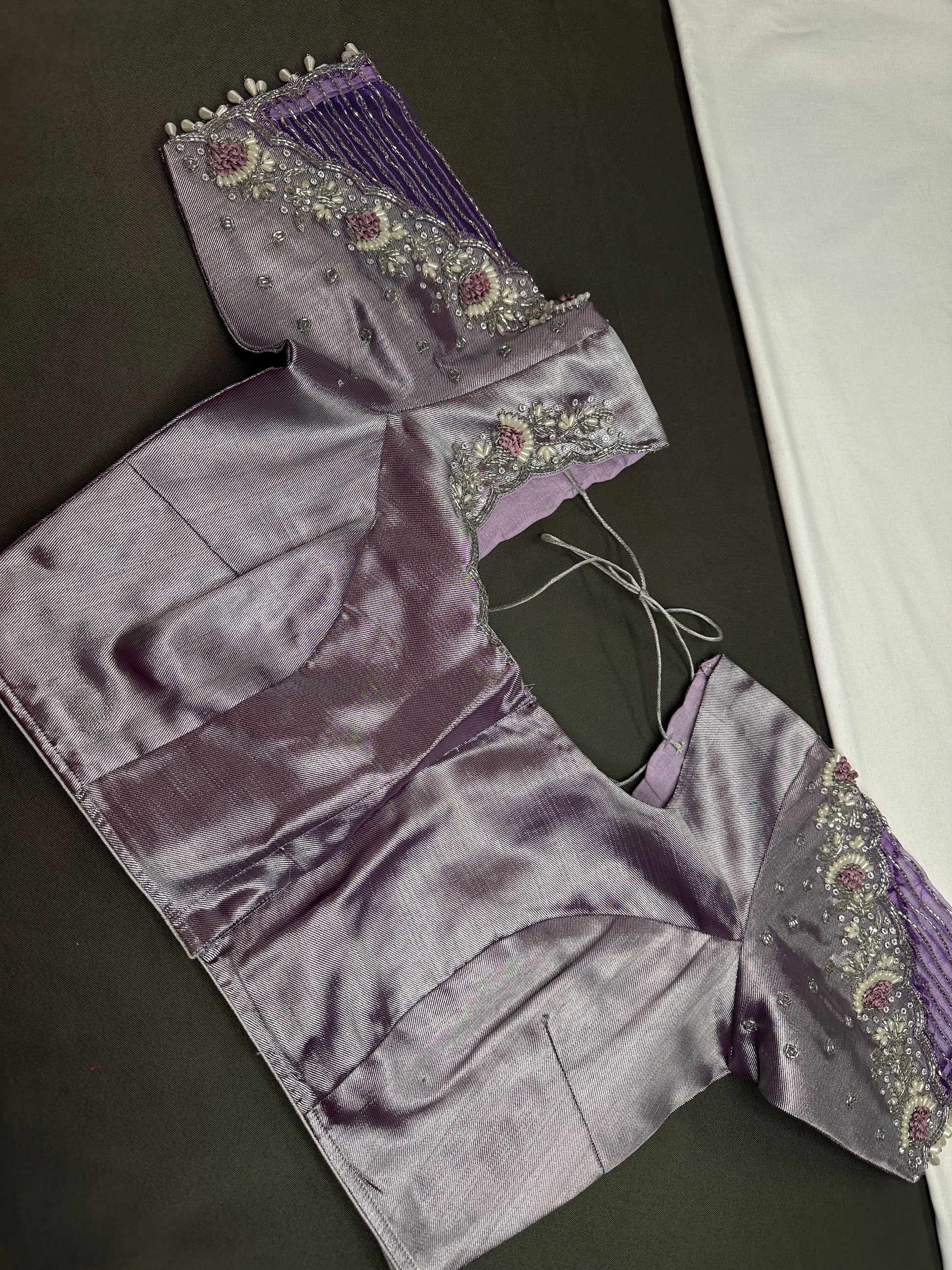 Pastel Purple Lavender Tissue Silk Maggam Aari Net Blouse - 