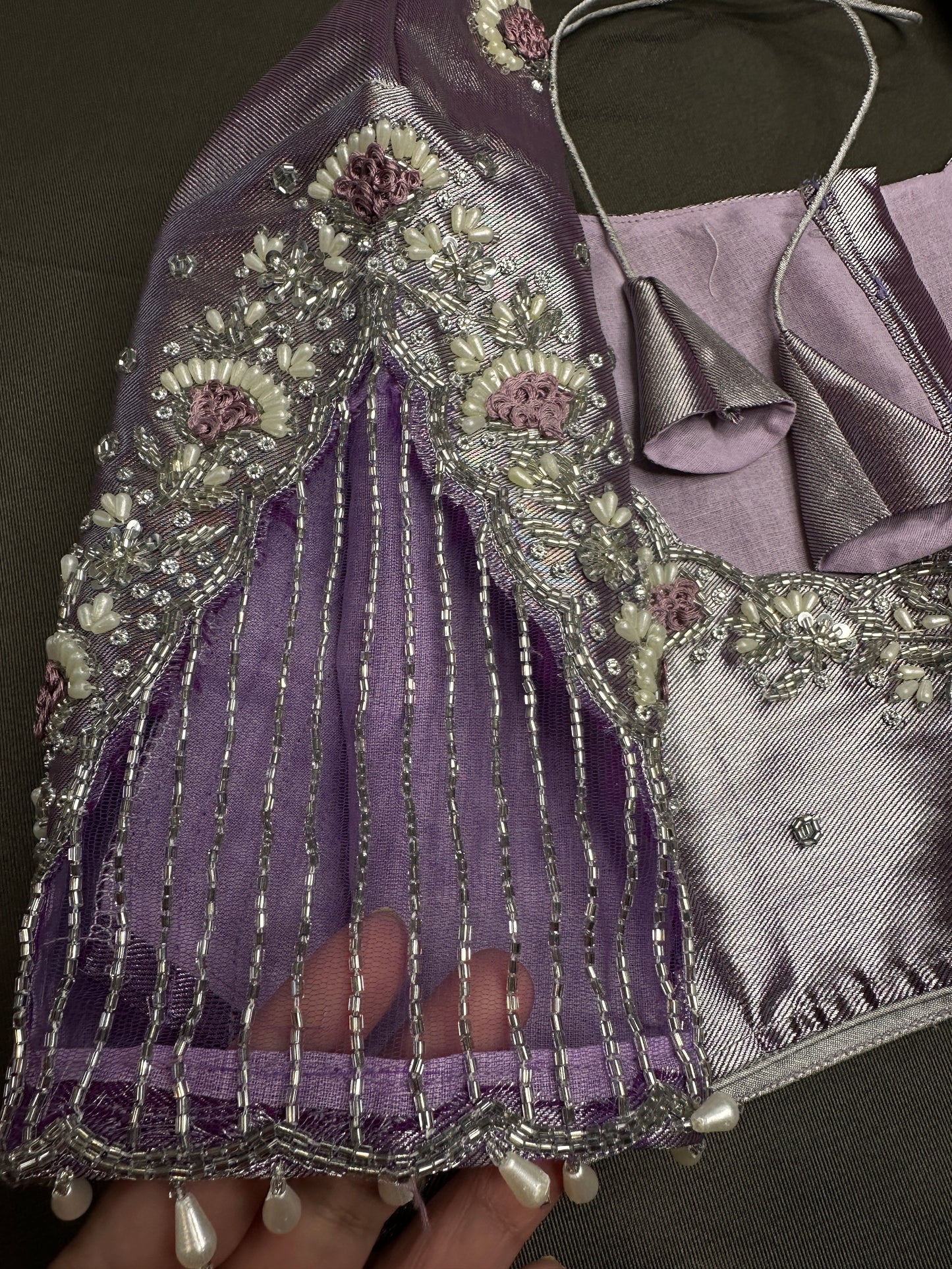 Pastel Purple Lavender Tissue Silk Maggam Aari Net Blouse - 