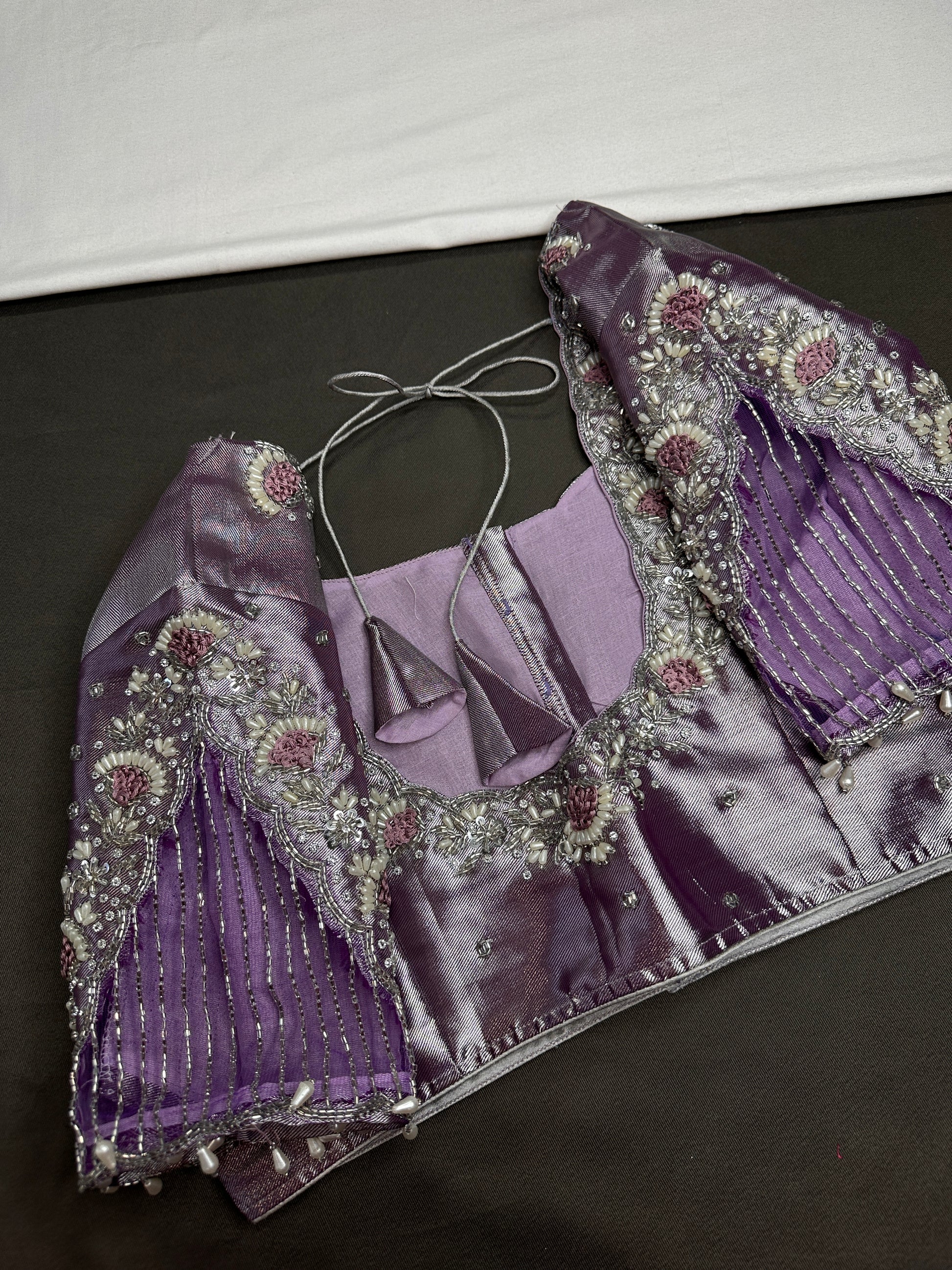 Pastel Purple Lavender Tissue Silk Maggam Aari Net Blouse - 