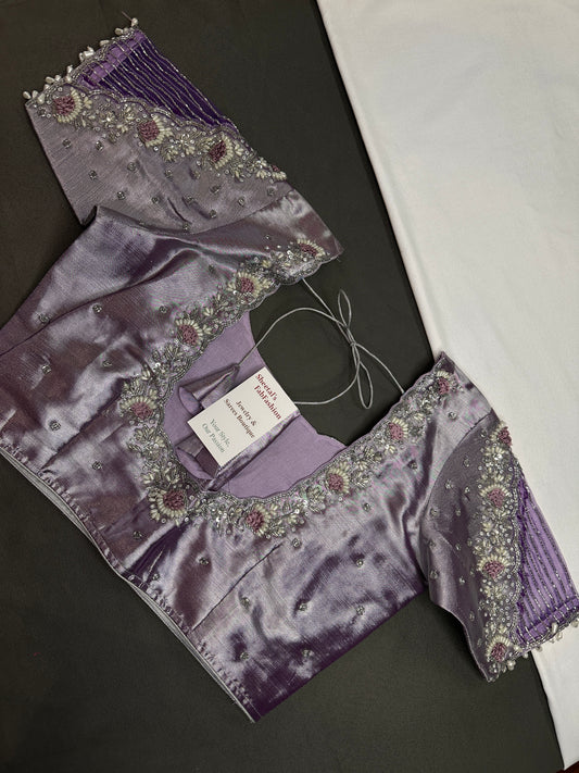 Pastel Purple Lavender Tissue Silk Maggam Aari Net Blouse - 