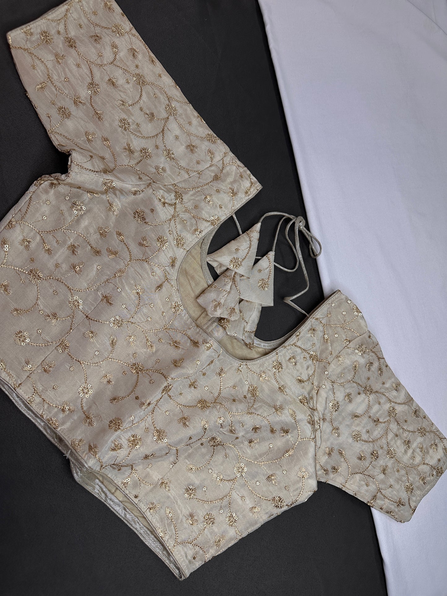Beige Gold Sequins Embroidery Silk Blouse - 