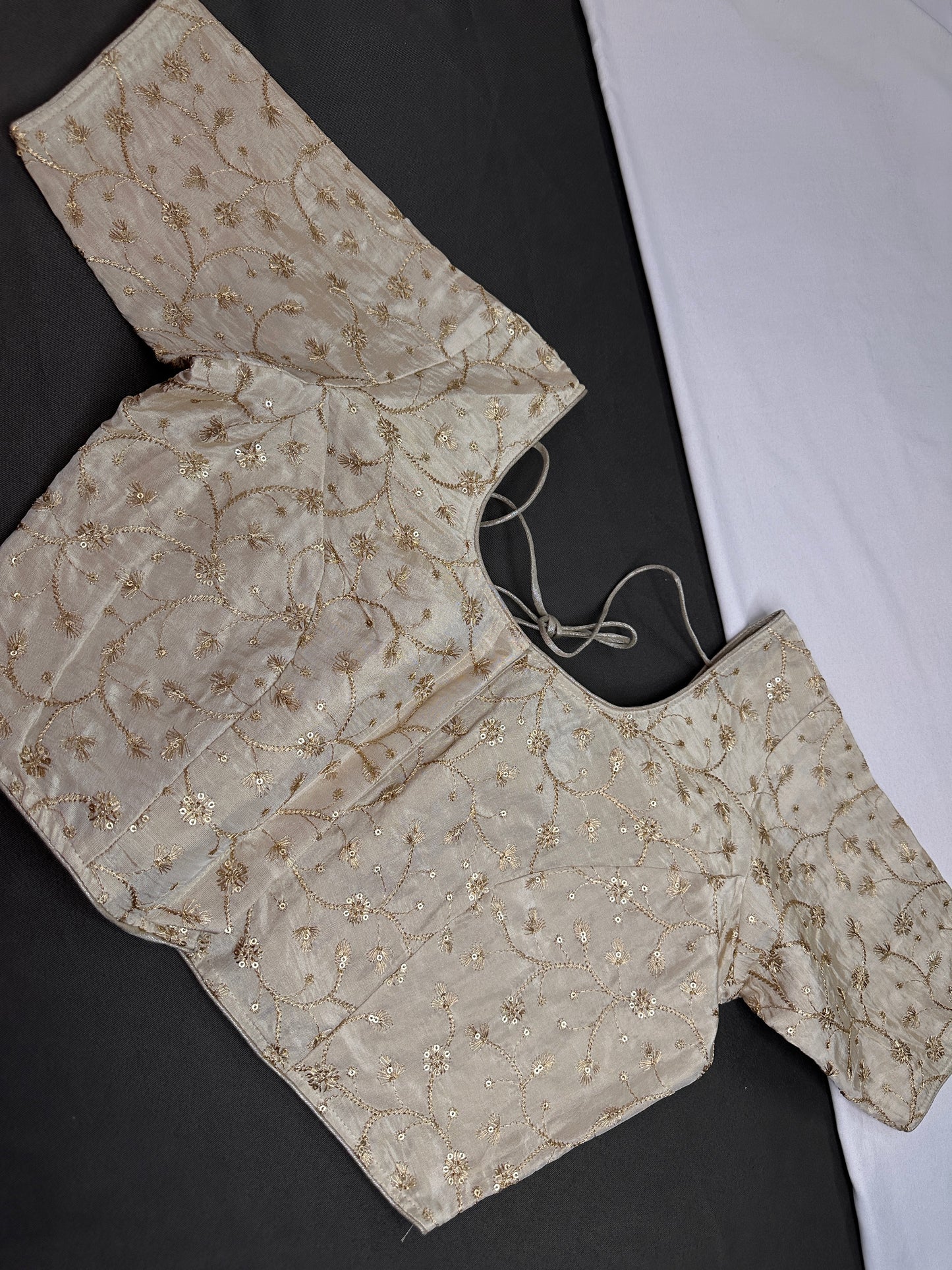 Beige Gold Sequins Embroidery Silk Blouse - 