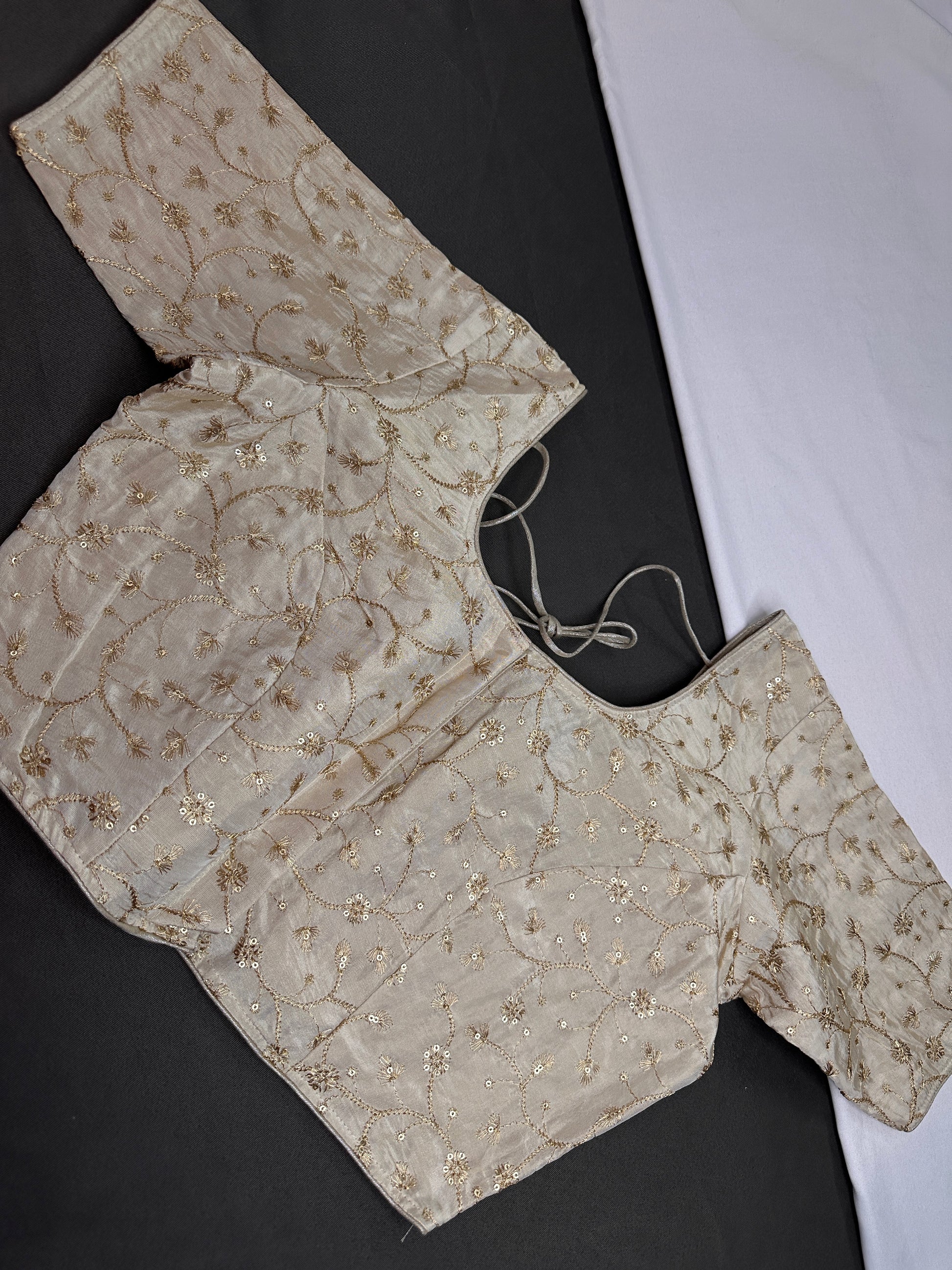 Beige Gold Sequins Embroidery Silk Blouse - 