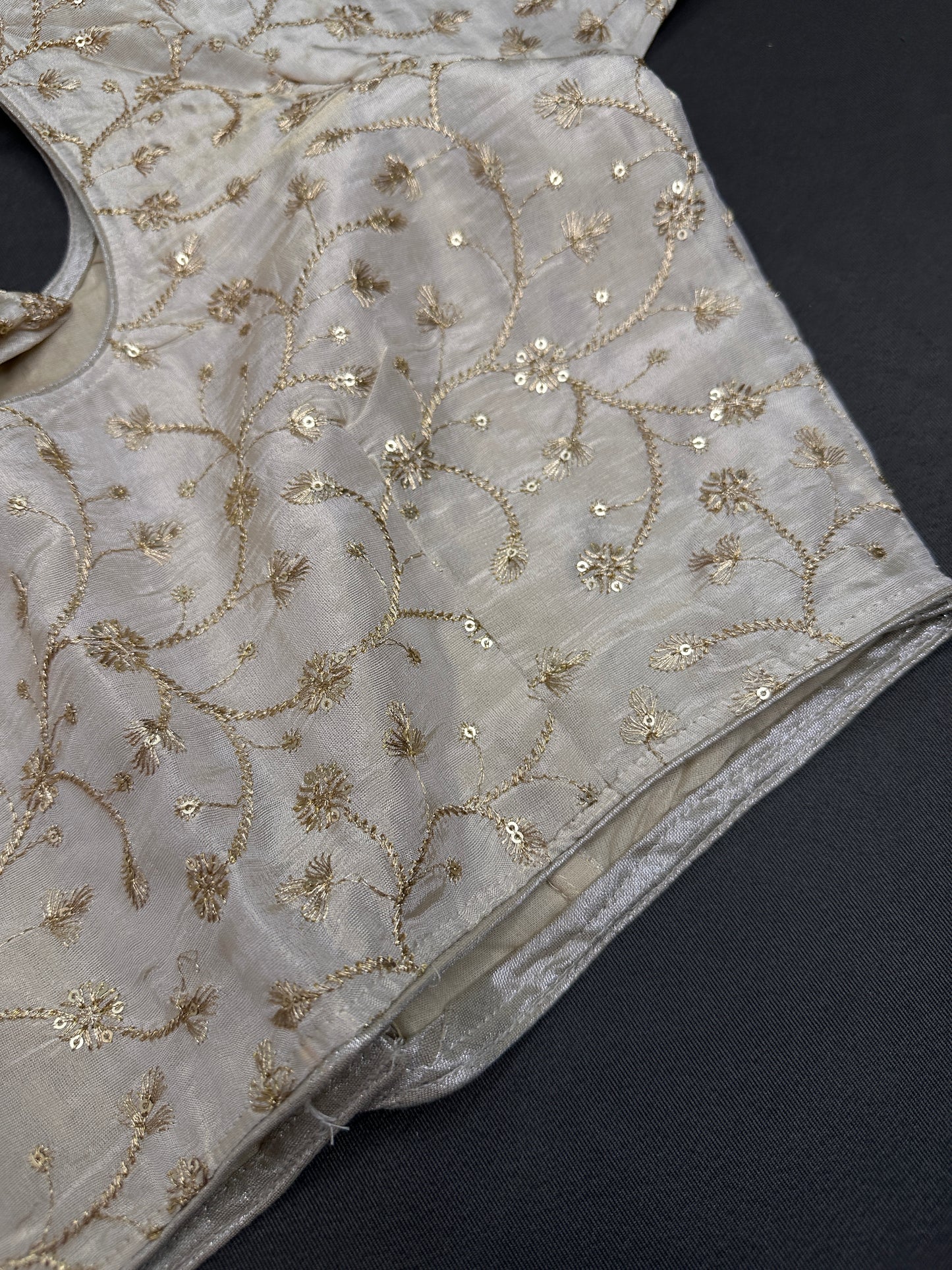 Beige Gold Sequins Embroidery Silk Blouse - 