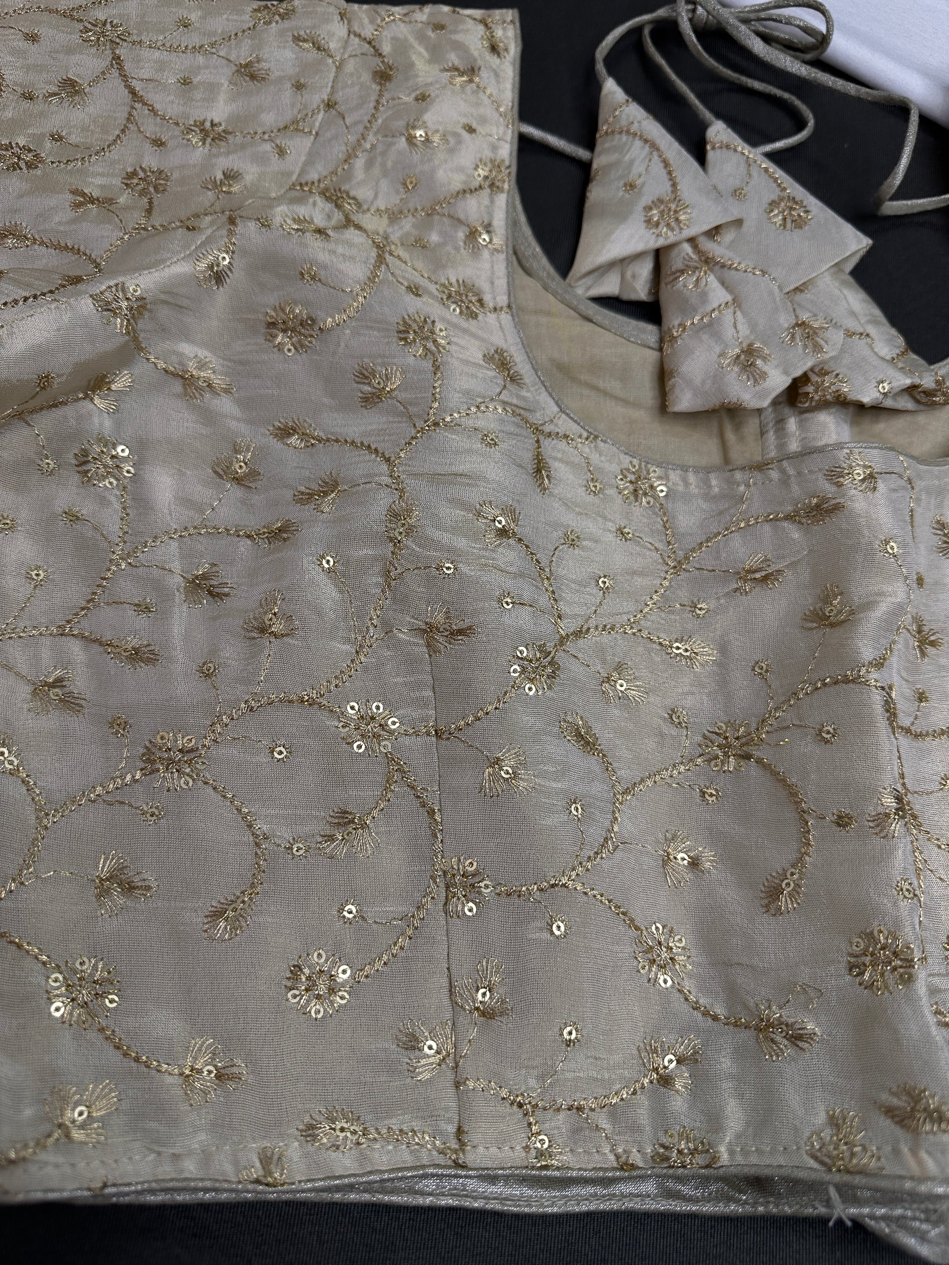 Beige Gold Sequins Embroidery Silk Blouse - 