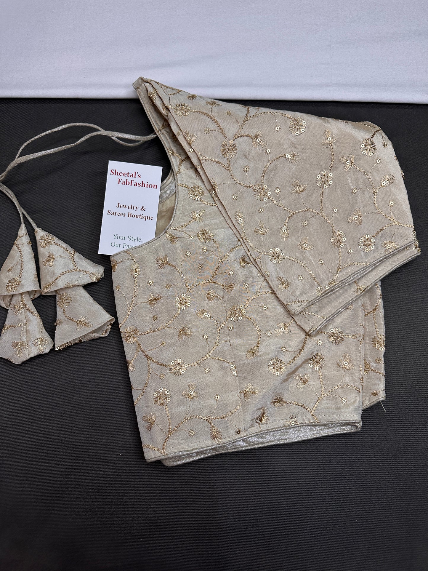 Beige Gold Sequins Embroidery Silk Blouse - 