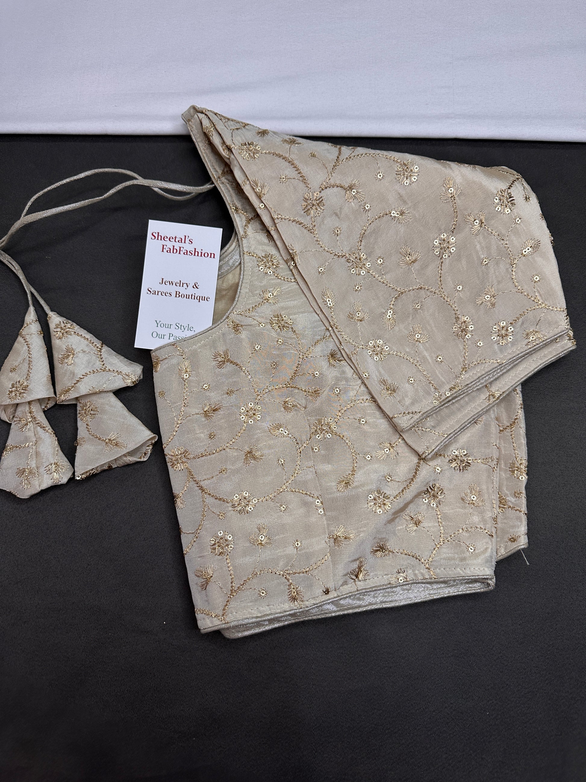 Beige Gold Sequins Embroidery Silk Blouse - 