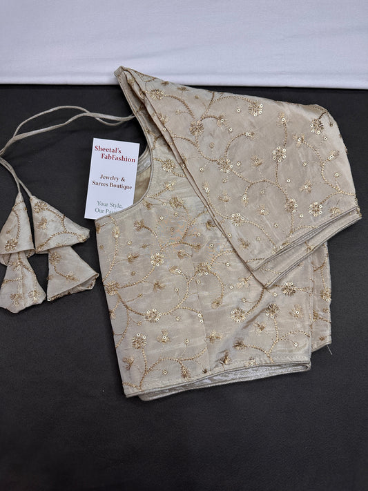 Beige Gold Sequins Embroidery Silk Blouse - 