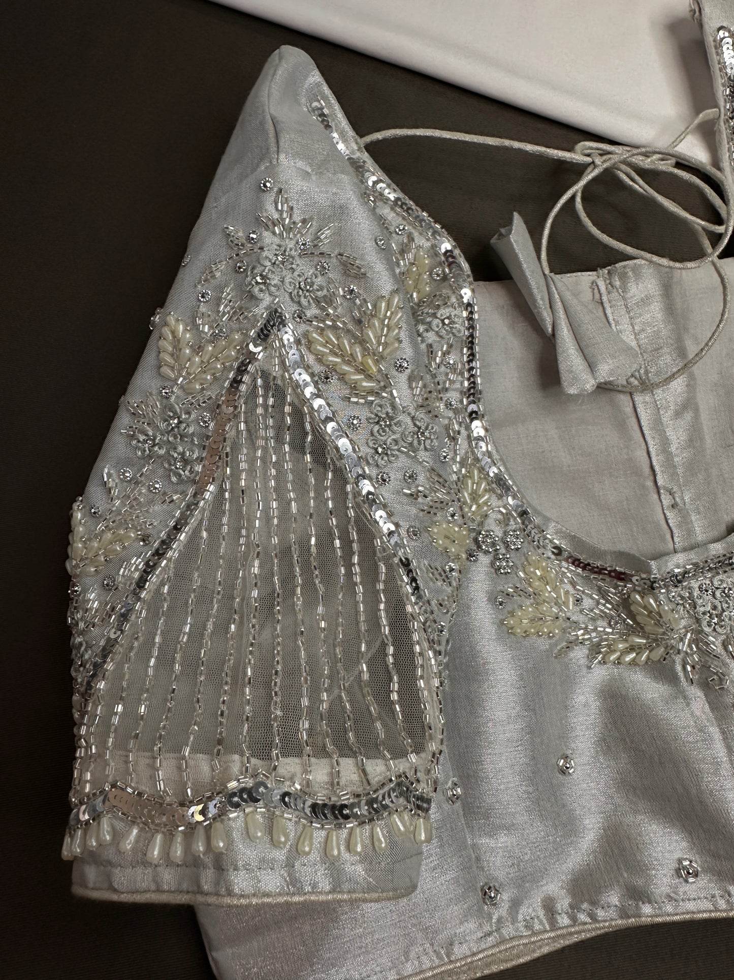 Silver Tissue Silk Maggam Aari Net Blouse - 