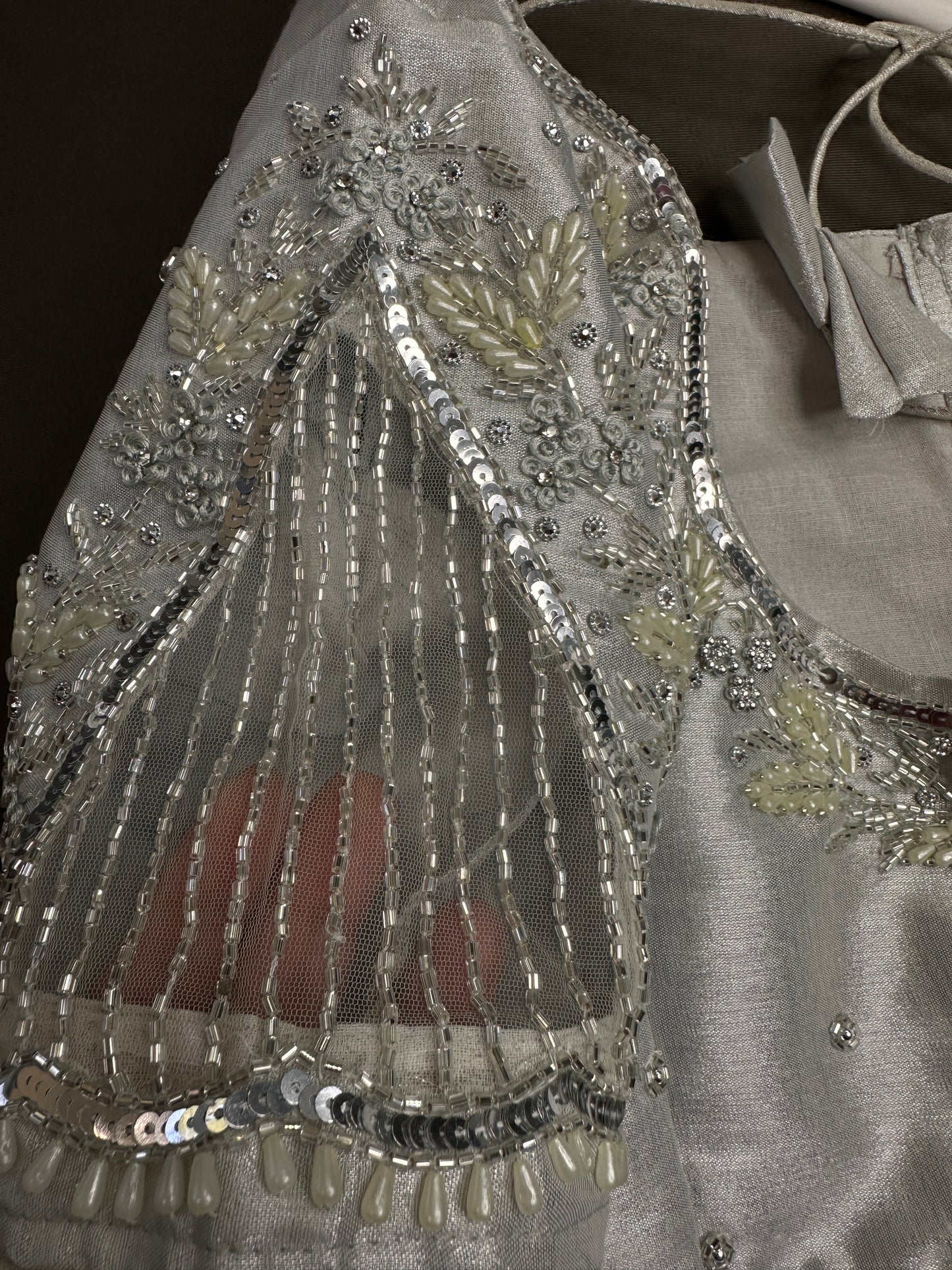 Silver Tissue Silk Maggam Aari Net Blouse - 