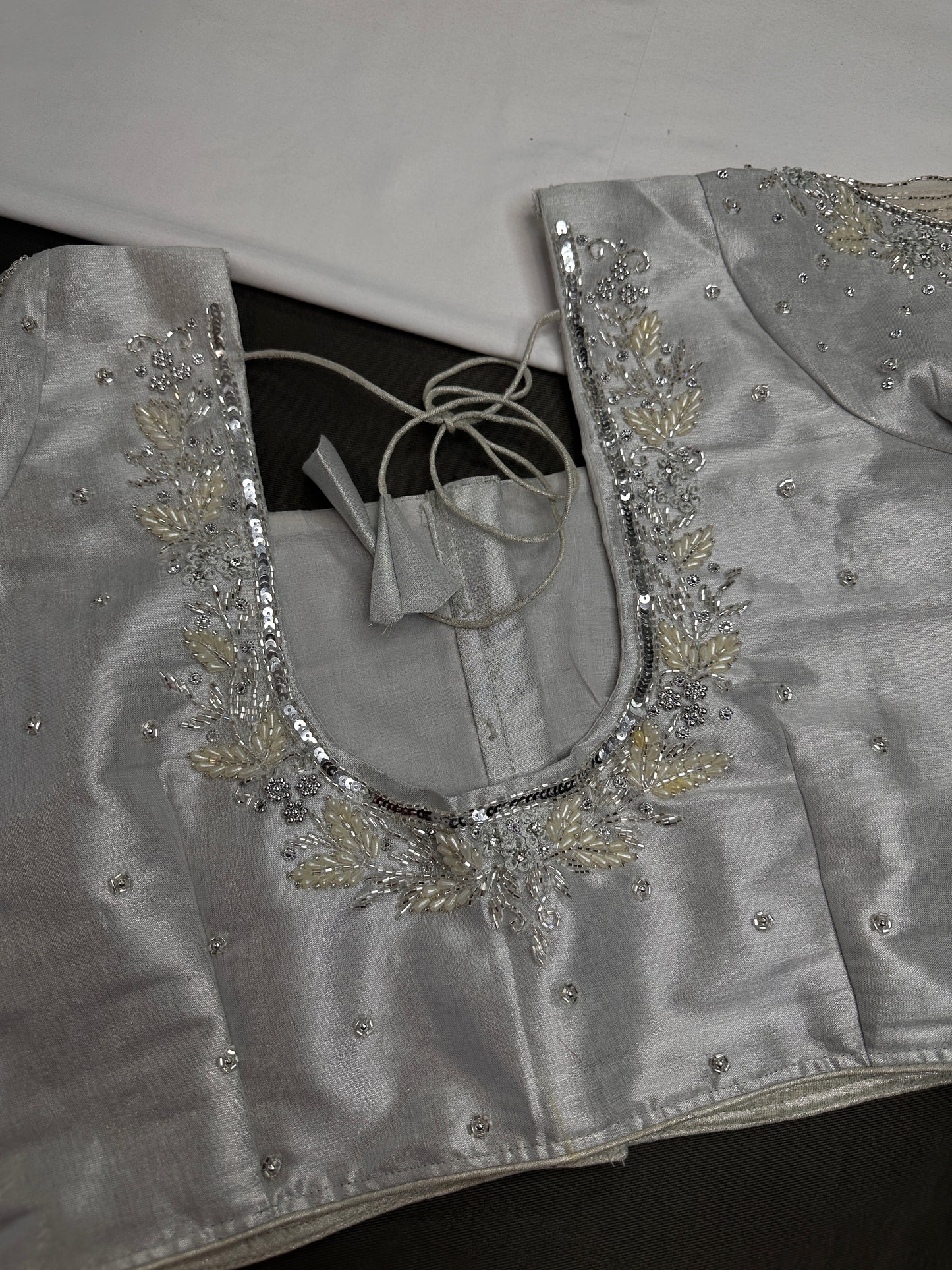 Silver Tissue Silk Maggam Aari Net Blouse - 
