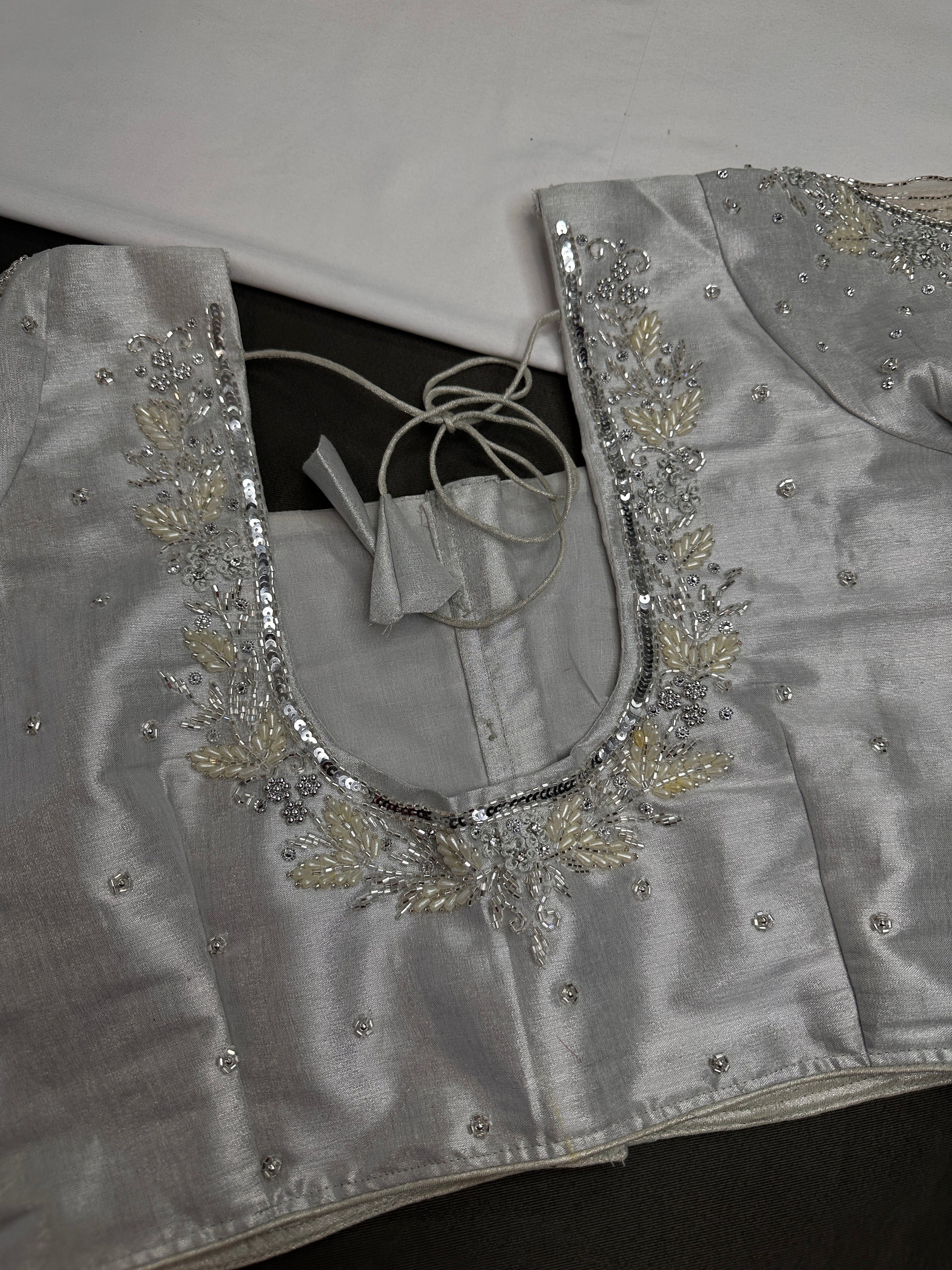 Silver Tissue Silk Maggam Aari Net Blouse - 