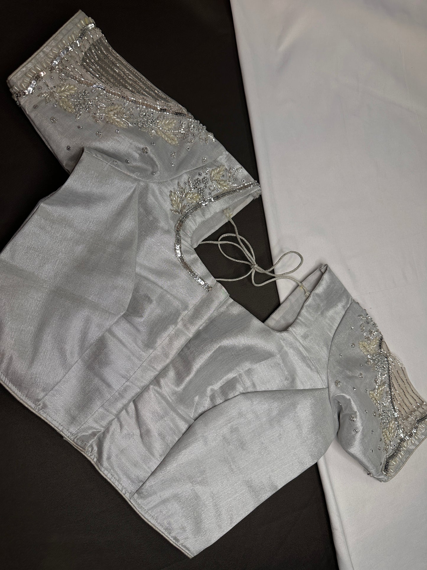 Silver Tissue Silk Maggam Aari Net Blouse - 