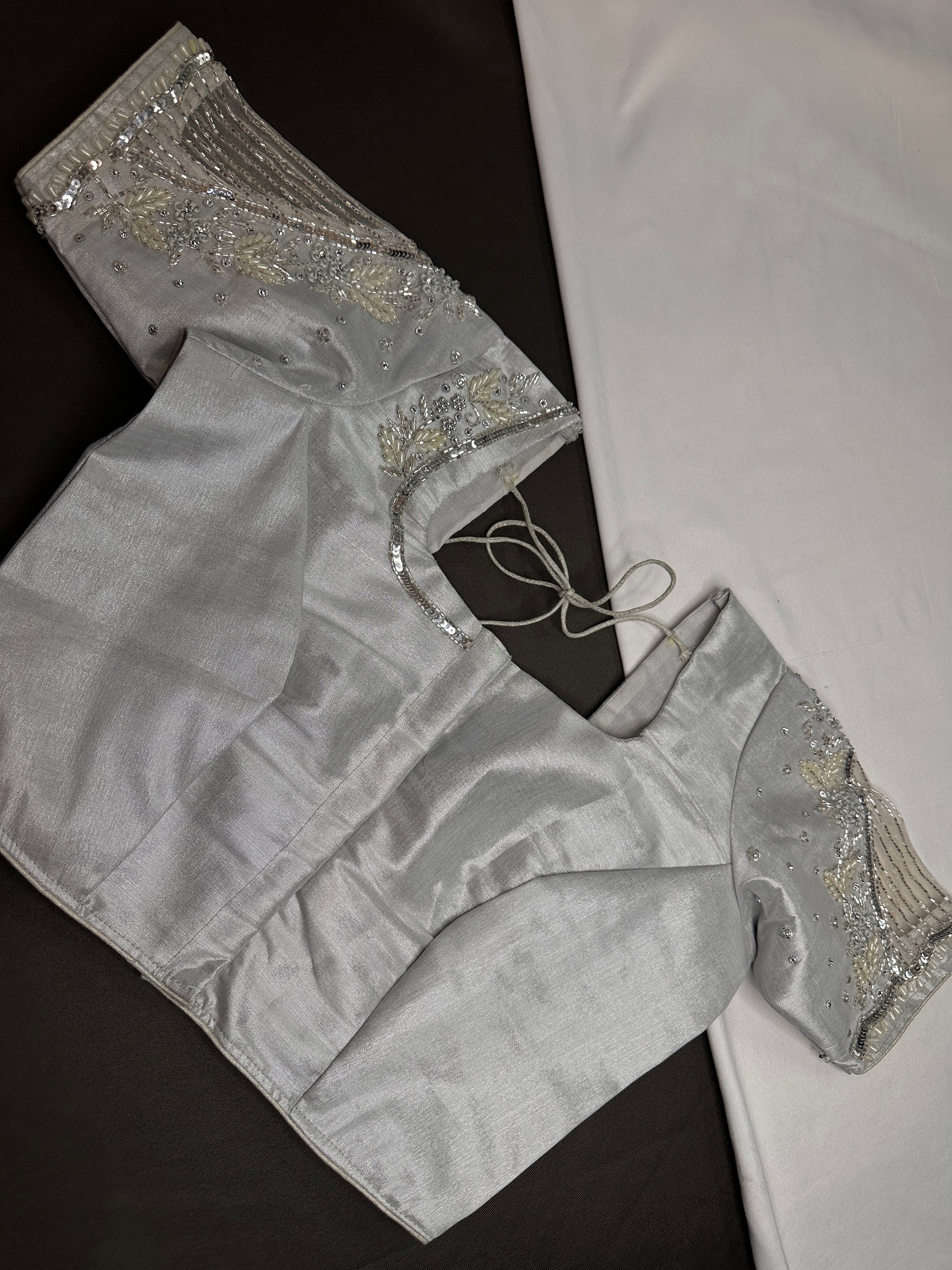 Silver Tissue Silk Maggam Aari Net Blouse - 
