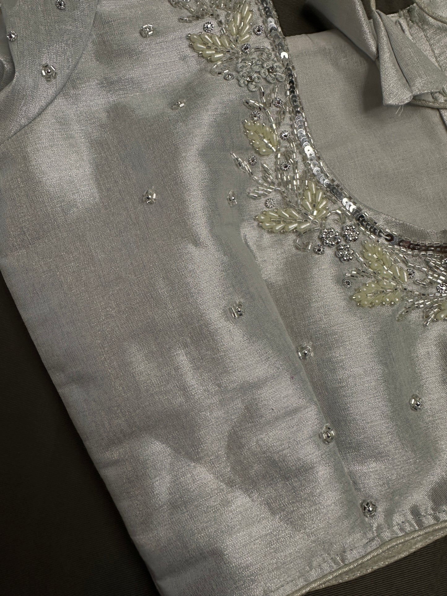 Silver Tissue Silk Maggam Aari Net Blouse - 