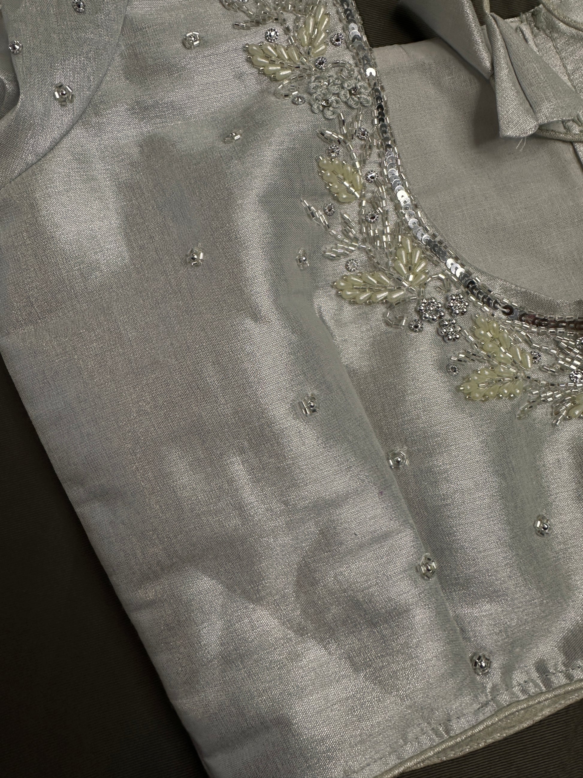 Silver Tissue Silk Maggam Aari Net Blouse - 