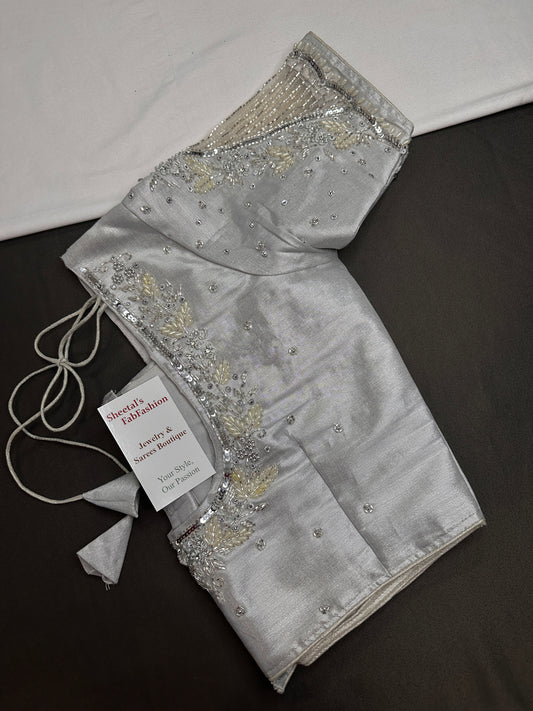 Silver Tissue Silk Maggam Aari Net Blouse - 