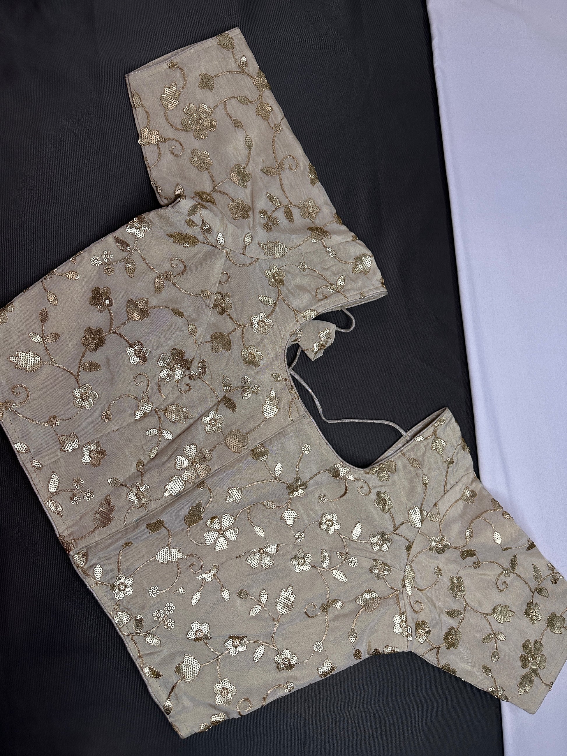 Beige Gold Sequins Embroidery Silk Blouse - 