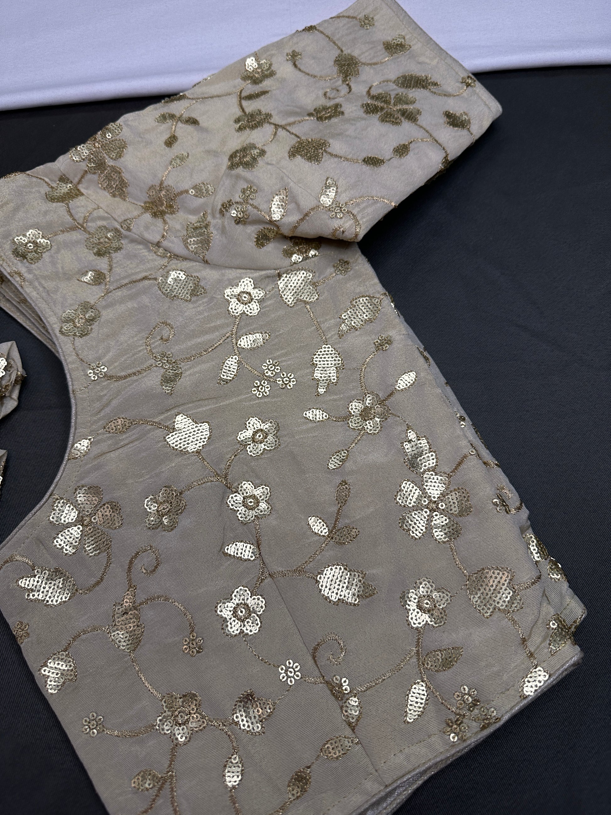 Beige Gold Sequins Embroidery Silk Blouse - 