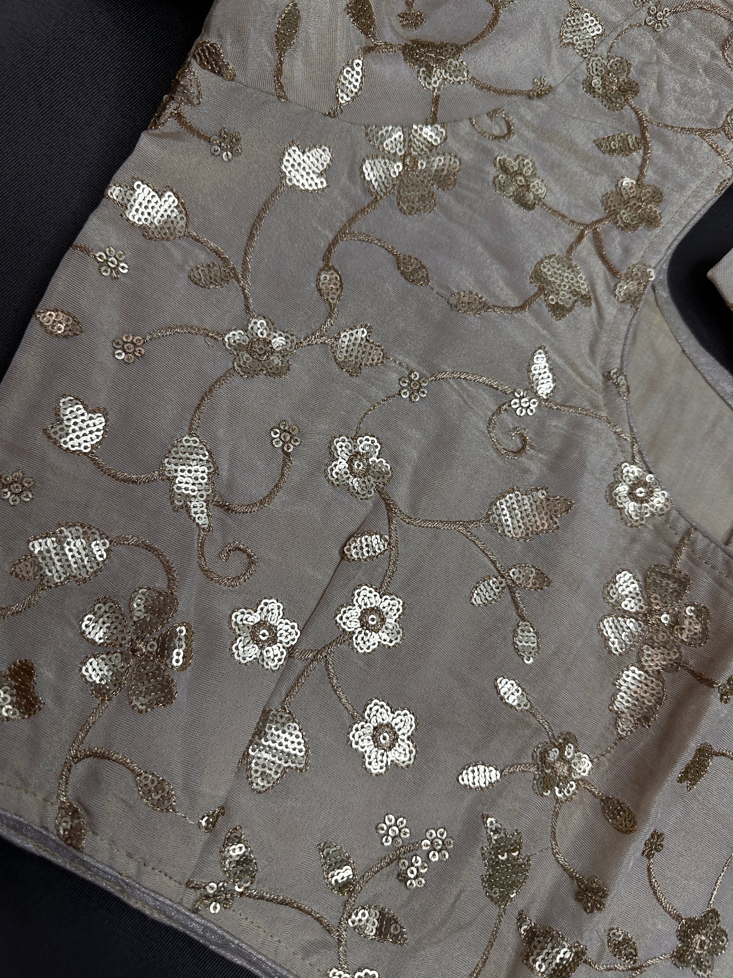 Beige Gold Sequins Embroidery Silk Blouse - 