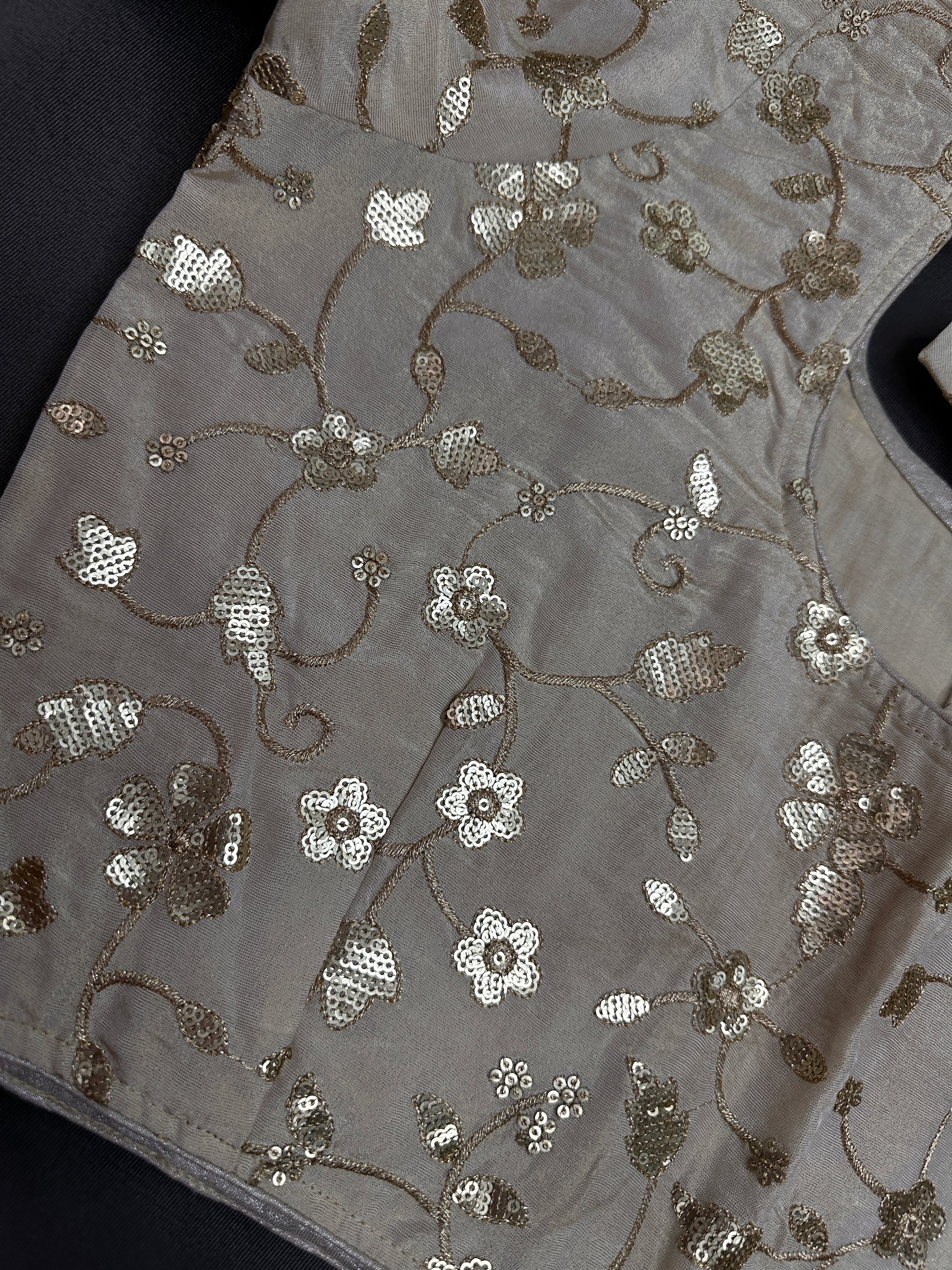 Beige Gold Sequins Embroidery Silk Blouse - 