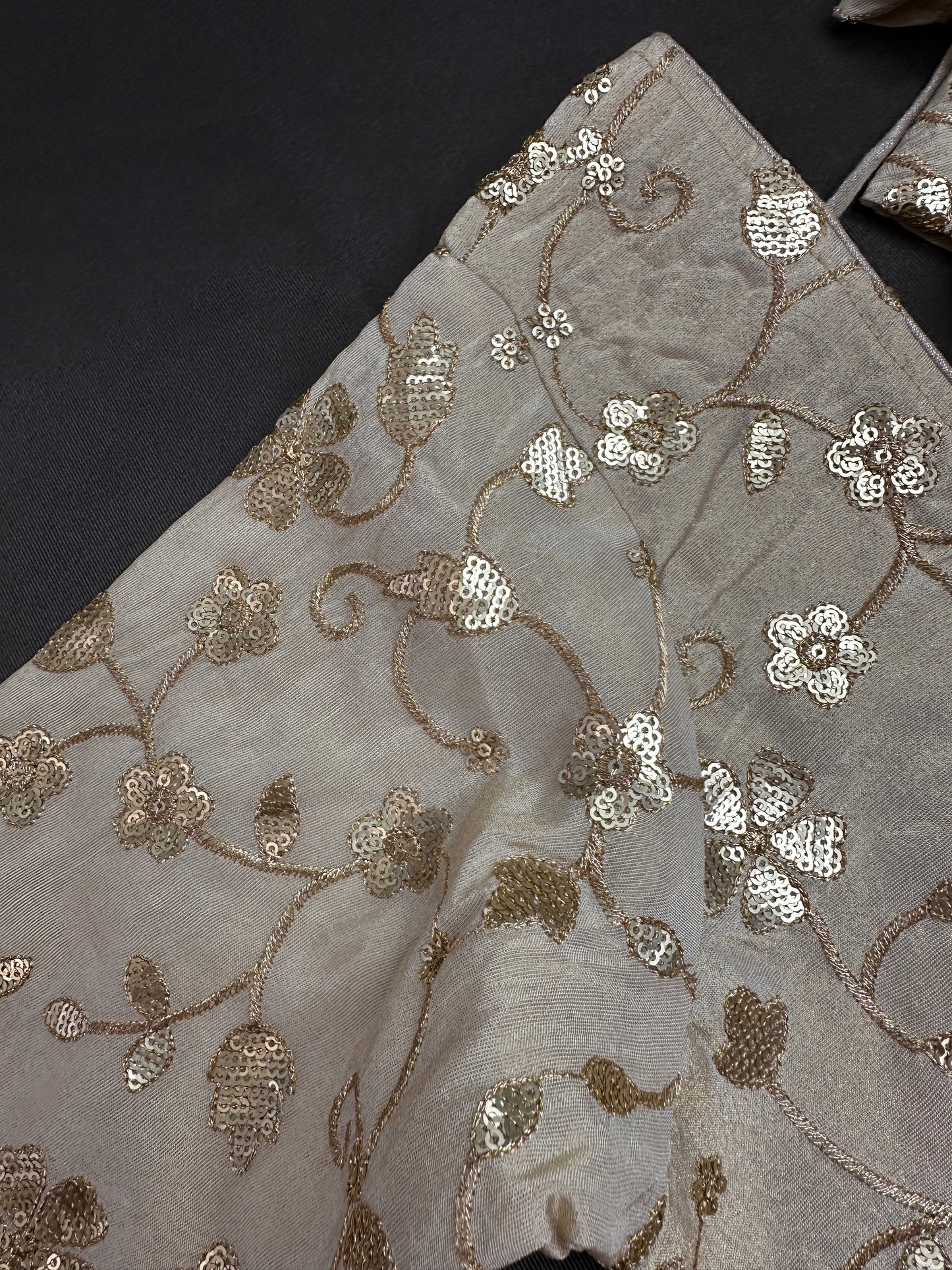 Beige Gold Sequins Embroidery Silk Blouse - 