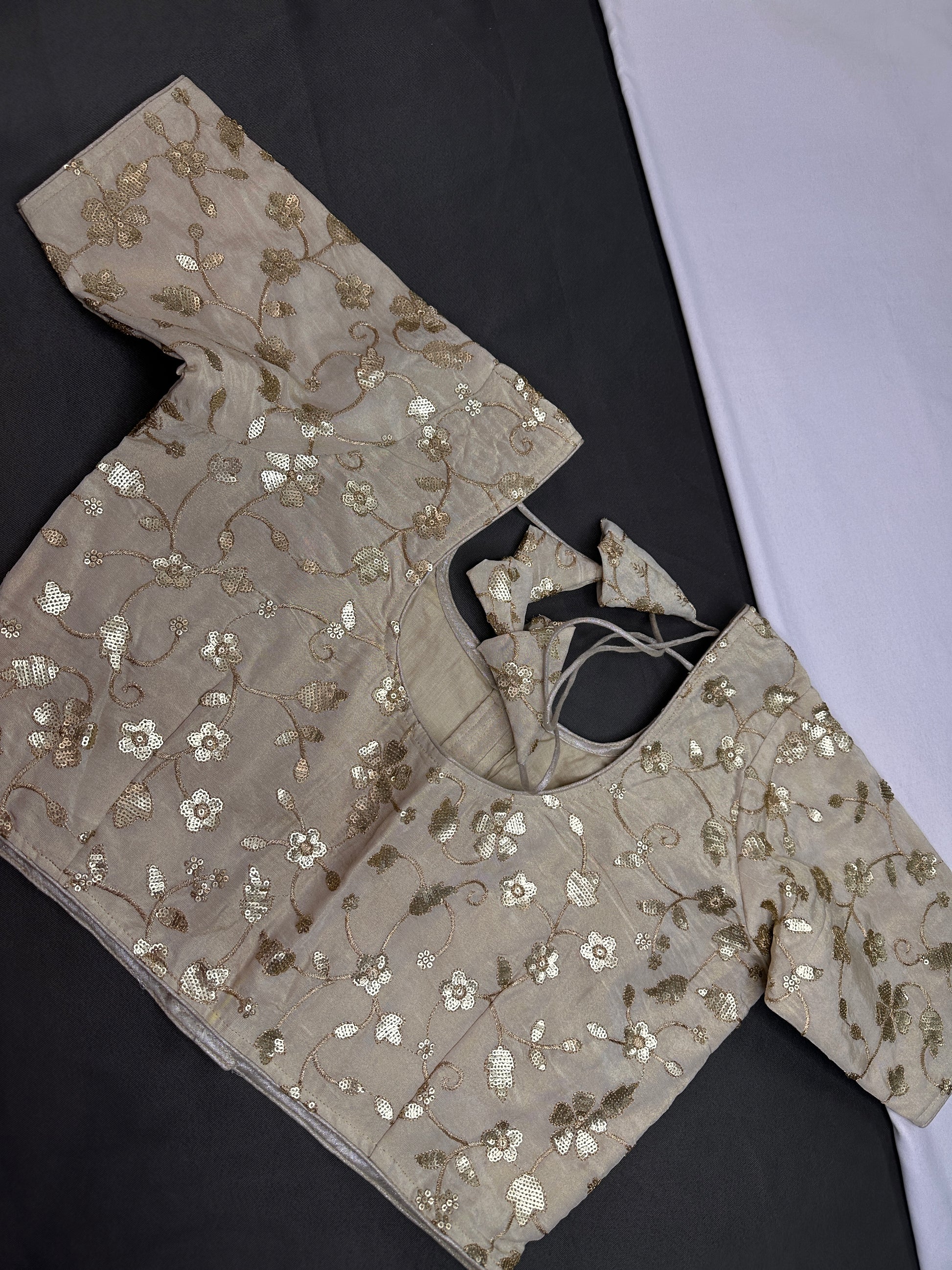 Beige Gold Sequins Embroidery Silk Blouse - 