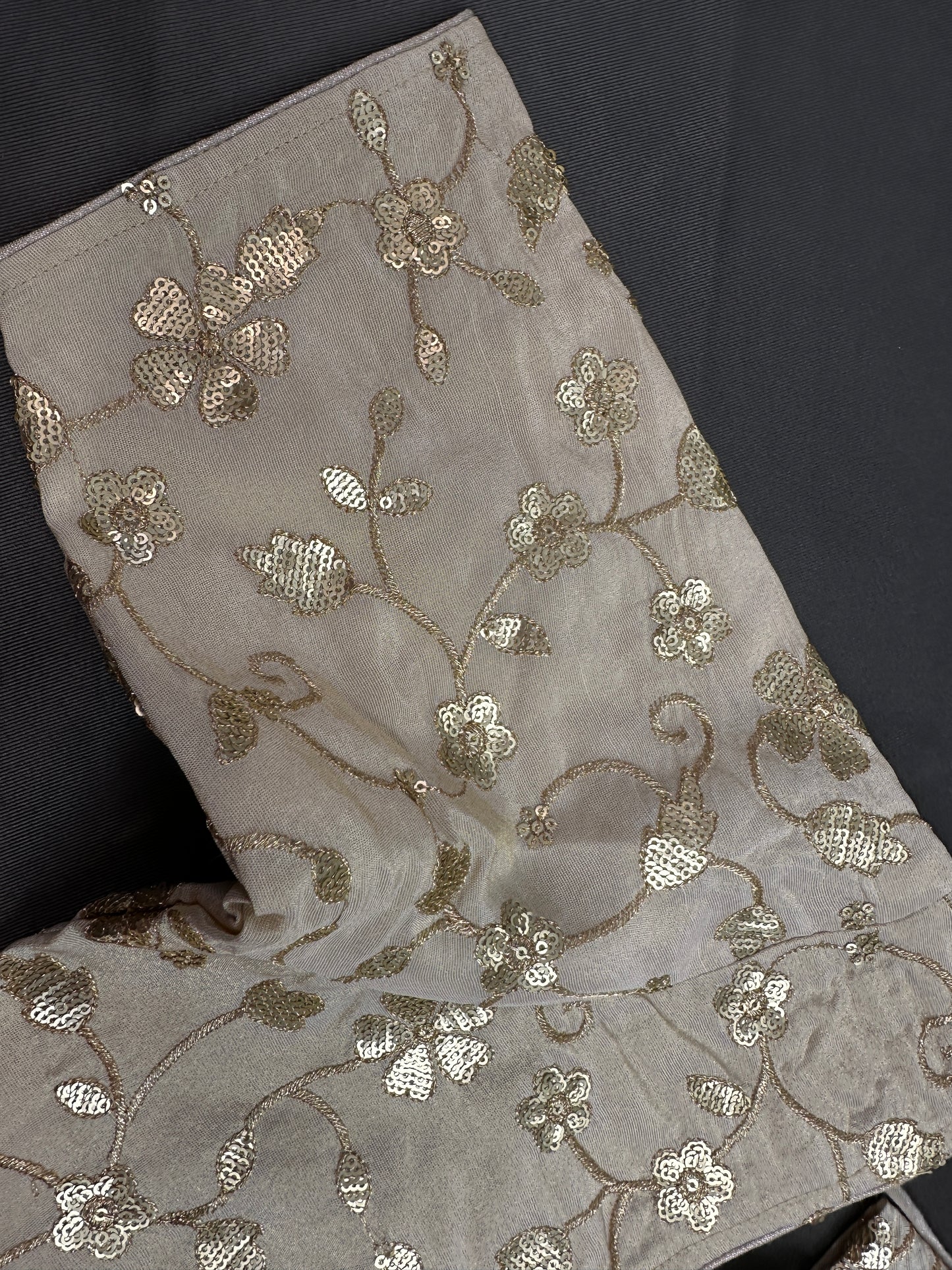 Beige Gold Sequins Embroidery Silk Blouse - 