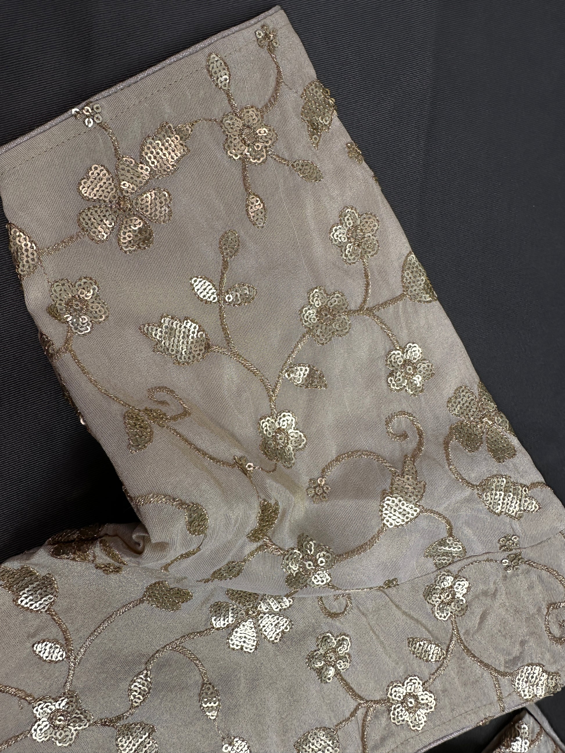 Beige Gold Sequins Embroidery Silk Blouse - 